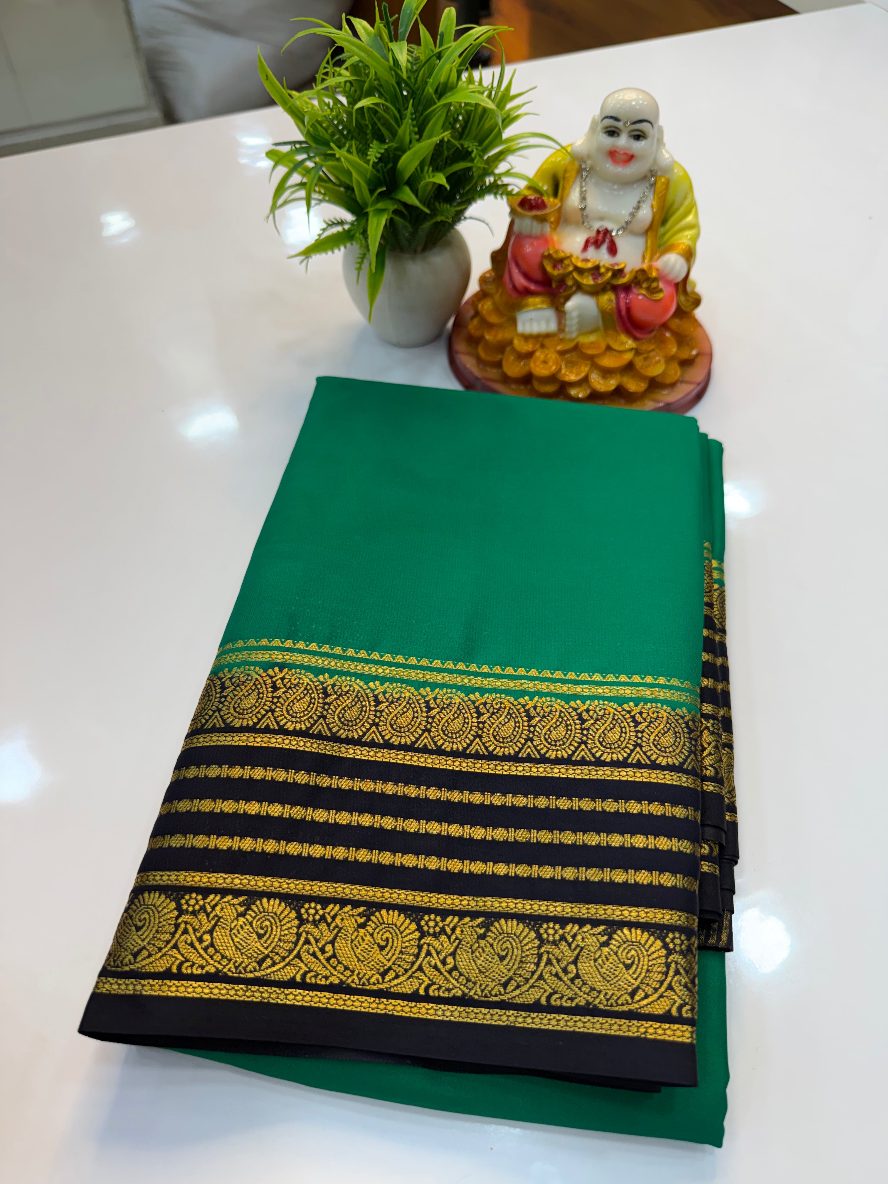 Mysore Crepe Silk Saree with Peacock and Mango Border – Shopify Product Description
