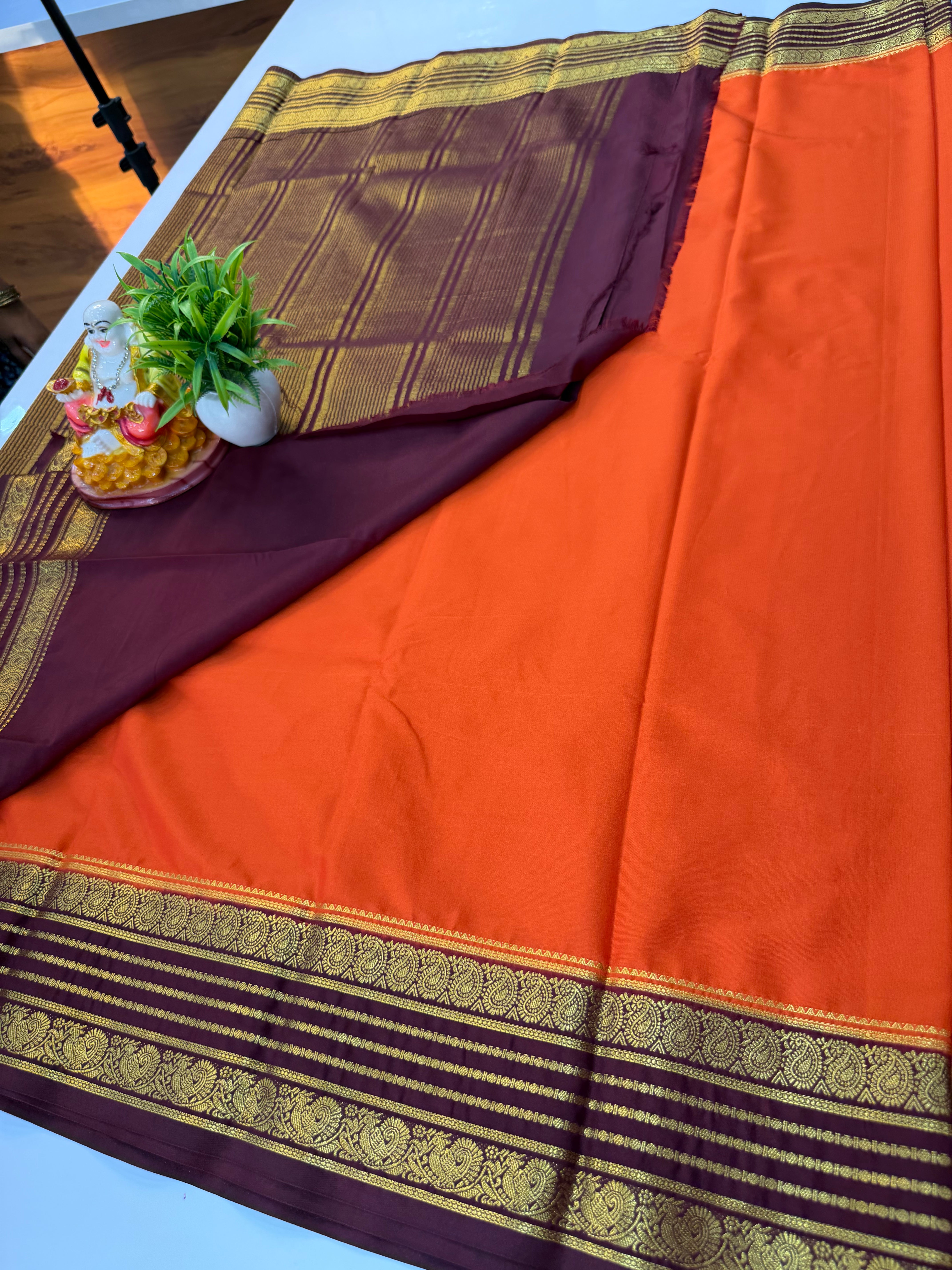 Mysore Crepe Silk Saree with Peacock and Mango Border – Shopify Product Description