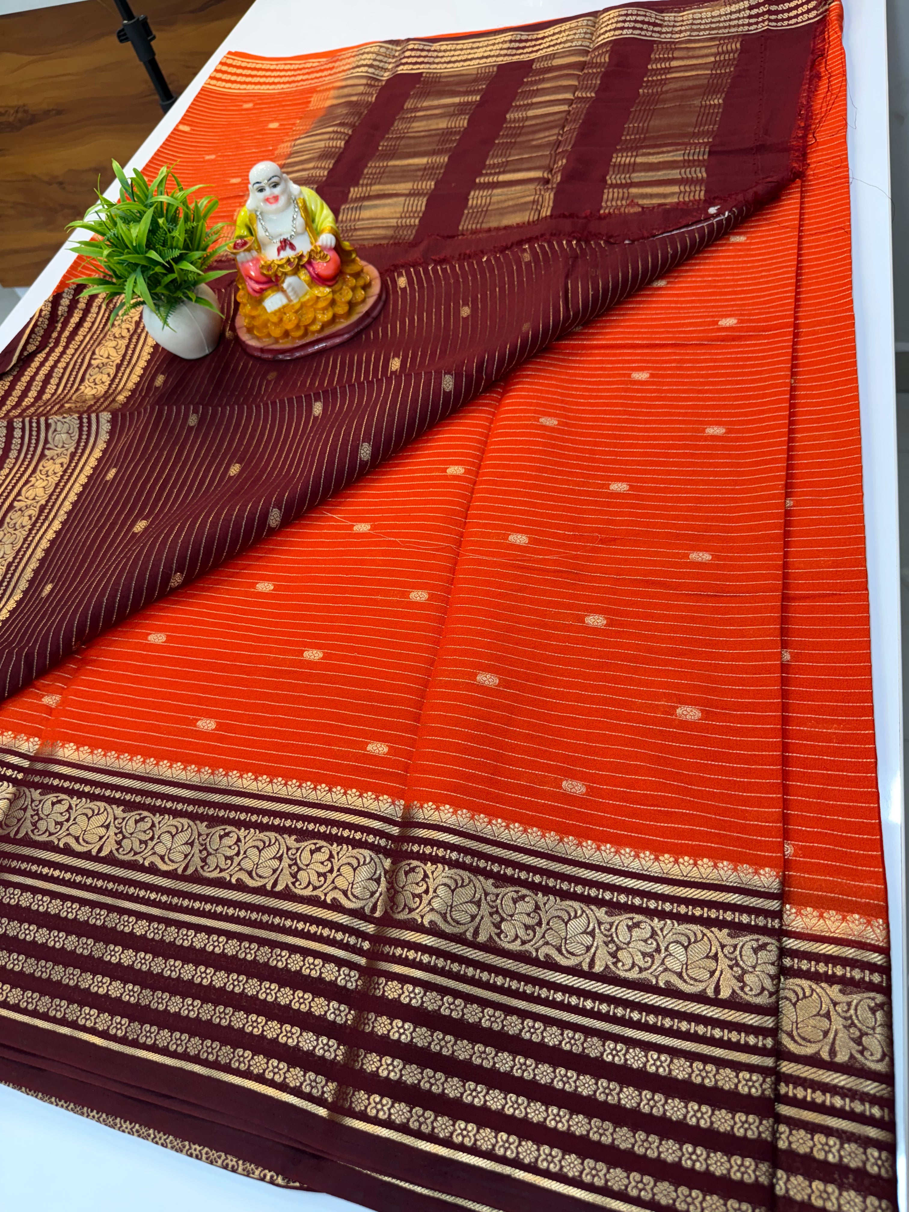 Mysore Crepe Silk Saree with Stripes & Buttas