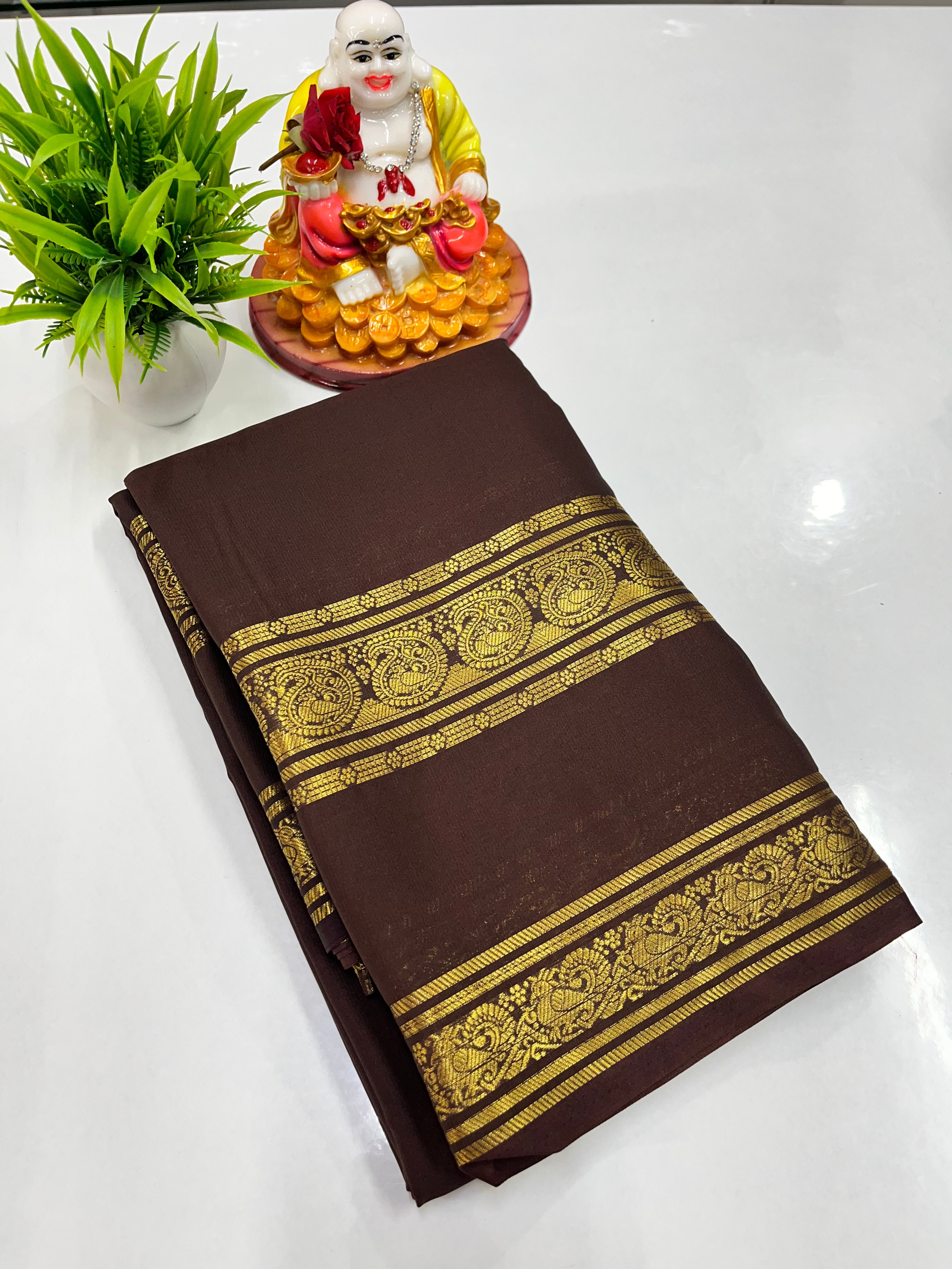 Elegant Semi Crepe Saree with Mango & Peacock Design – Padmavathi Silks and Sarees