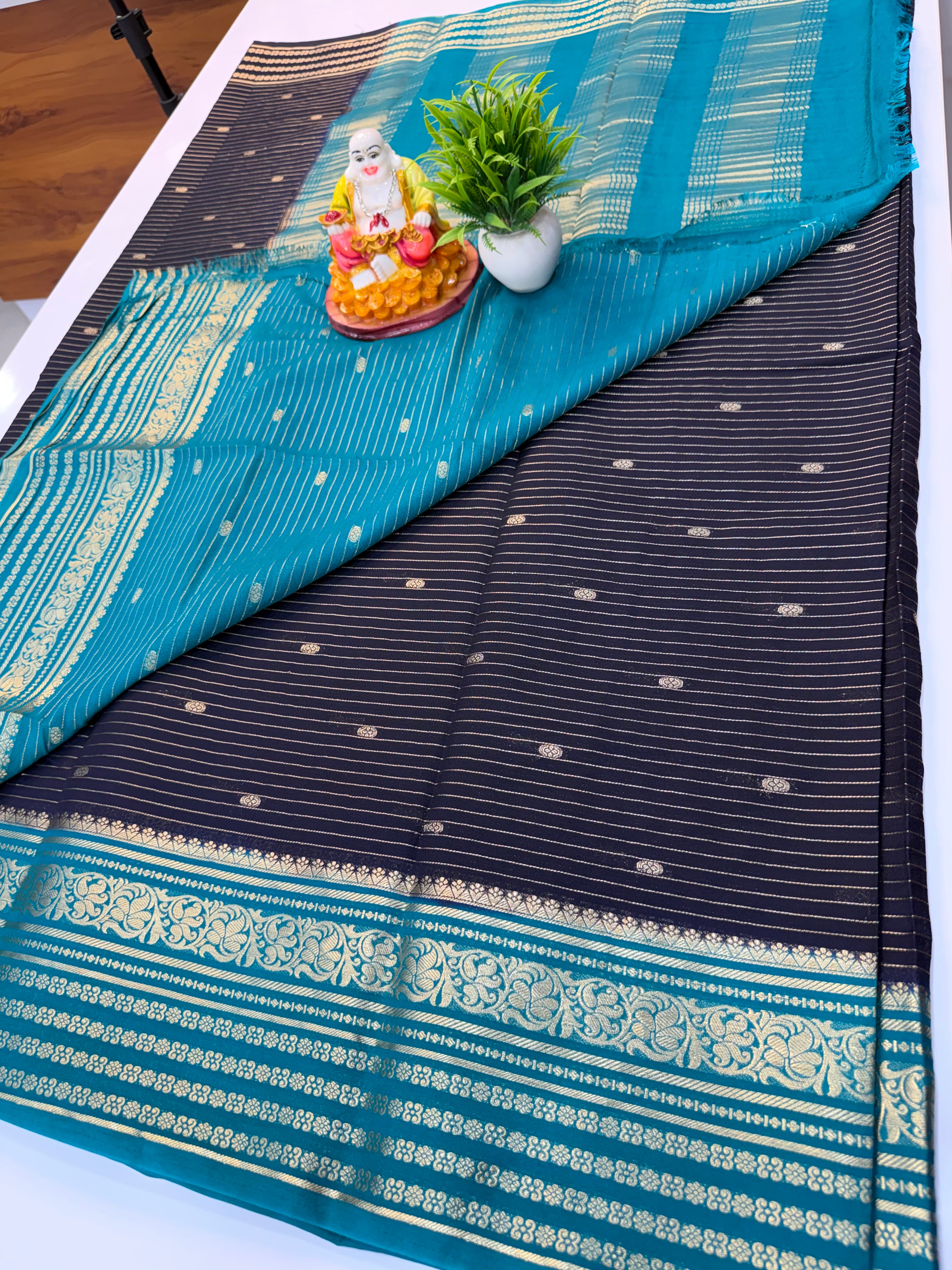Mysore Crepe Silk Saree with Stripes & Buttas