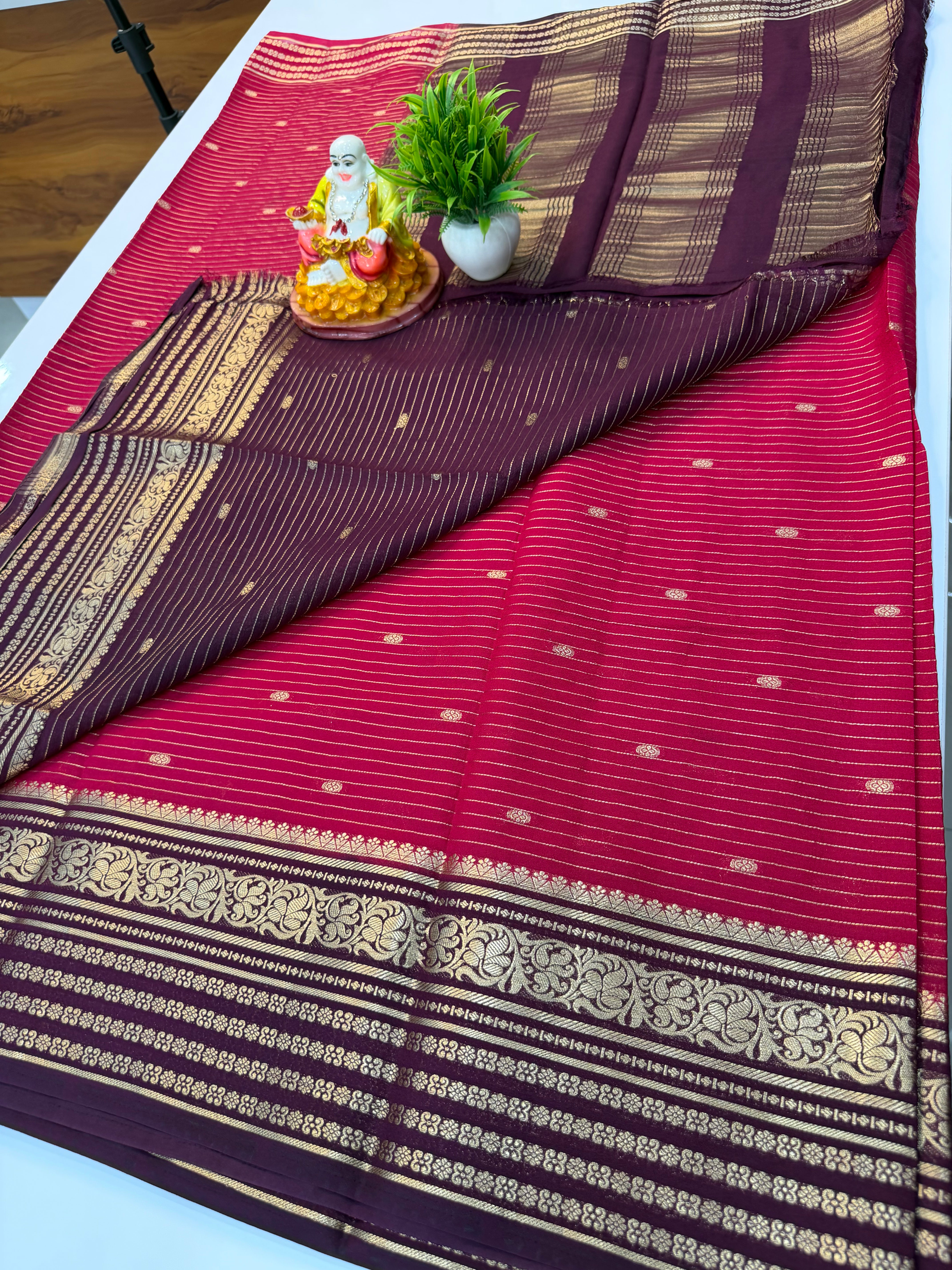 Mysore Crepe Silk Saree with Stripes & Buttas