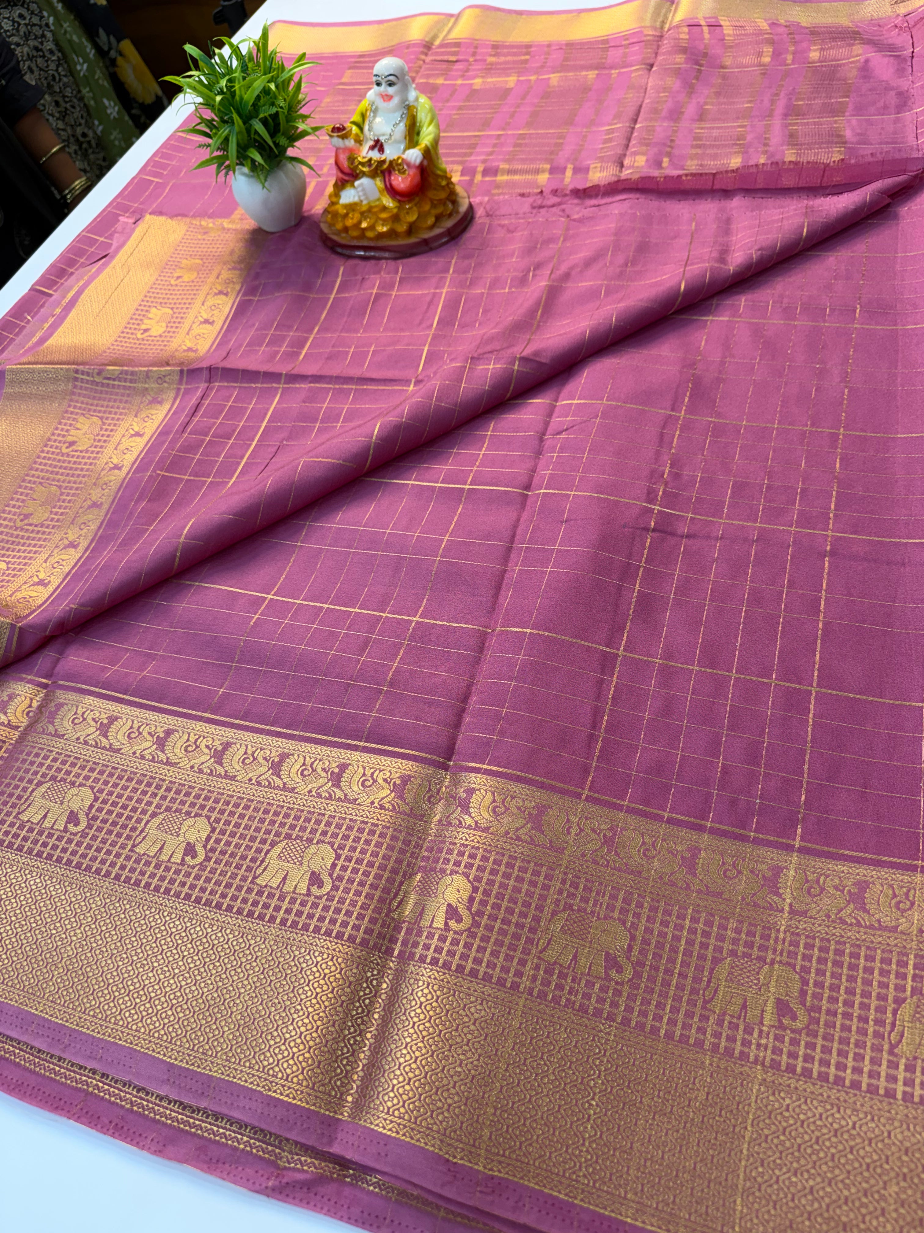Premium Mysore Crepe Silk Saree with Elephant & Peacock Design Border