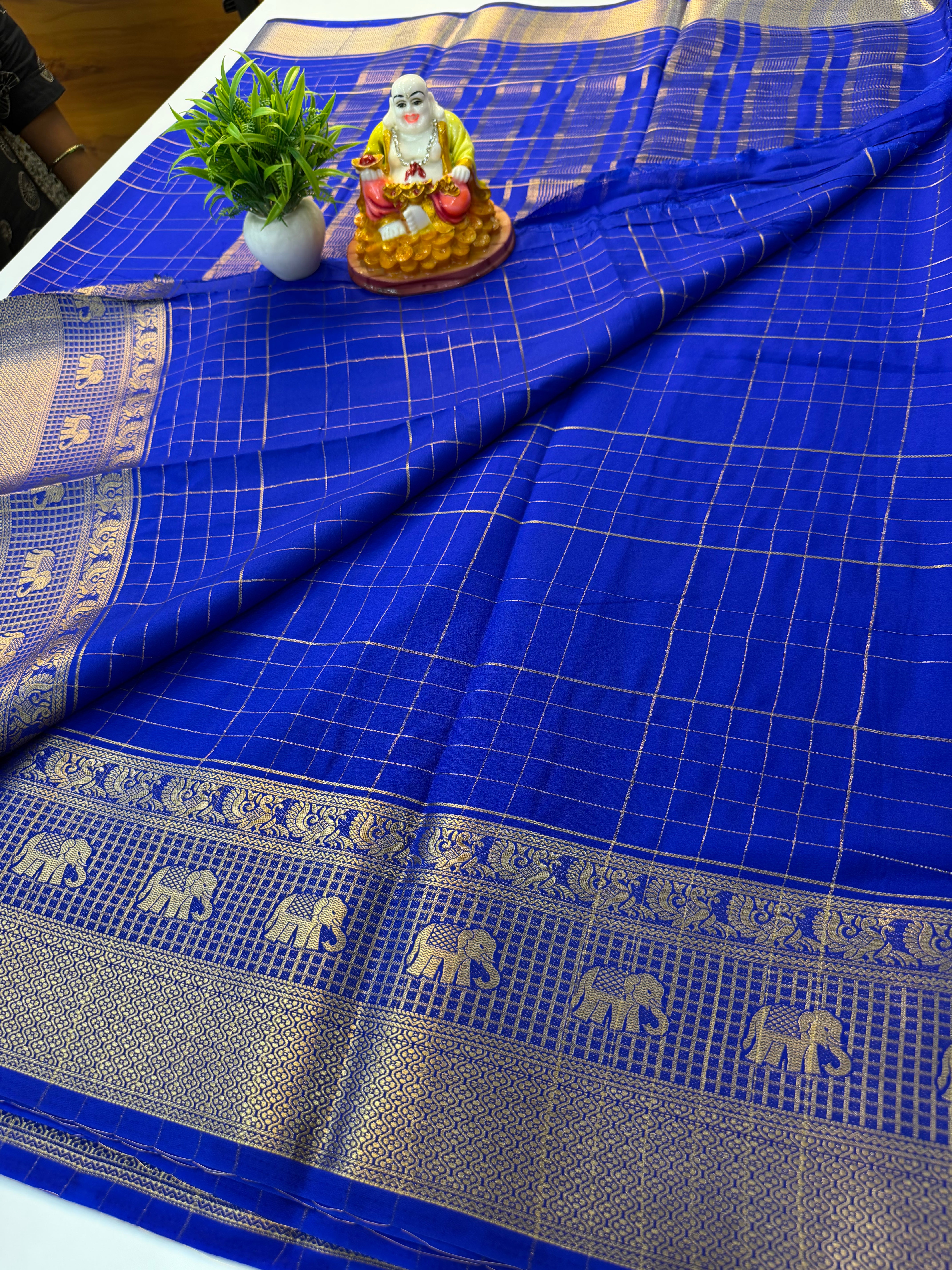 Premium Mysore Crepe Silk Saree with Elephant & Peacock Design Border