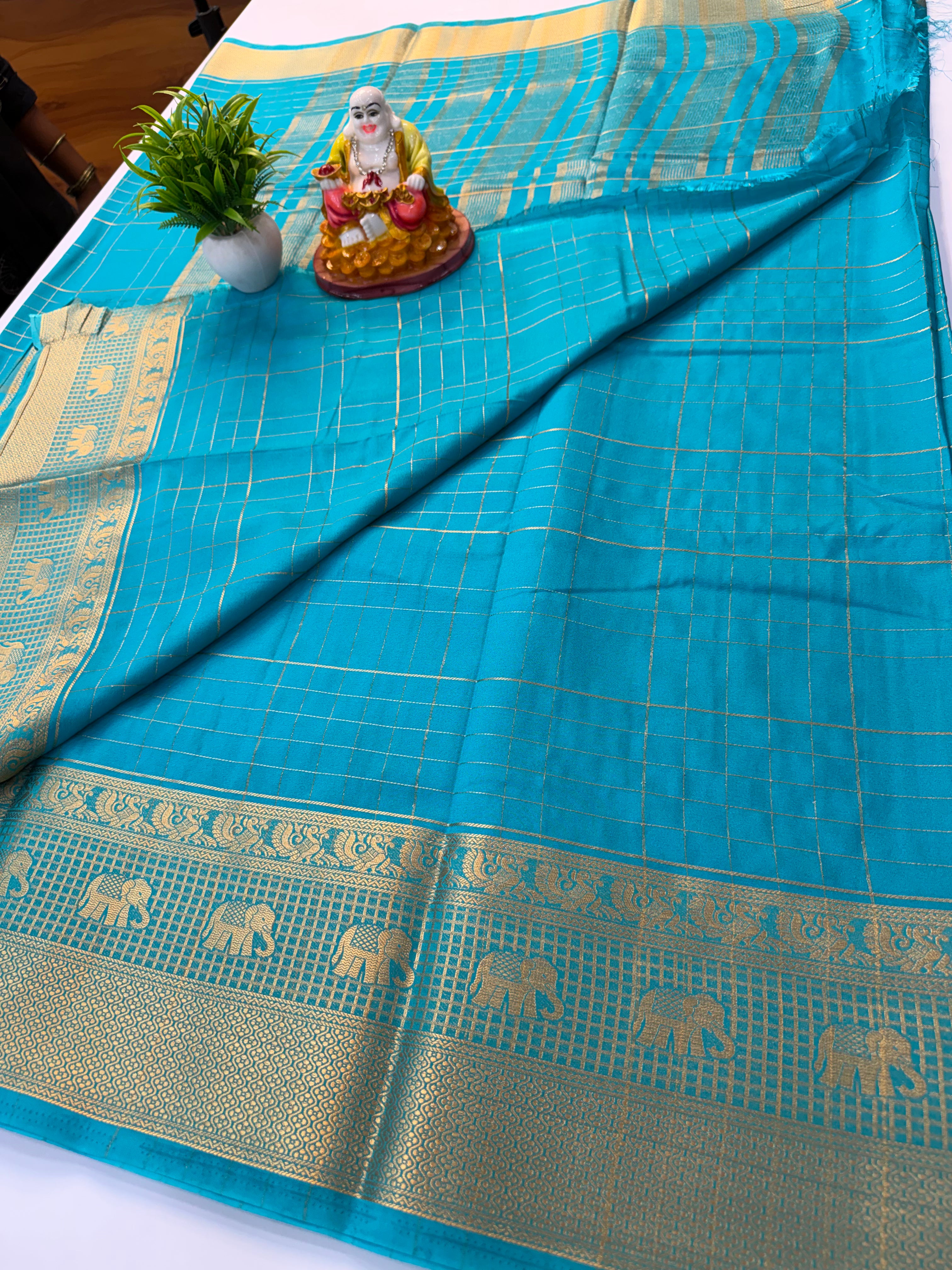 Premium Mysore Crepe Silk Saree with Elephant & Peacock Design Border