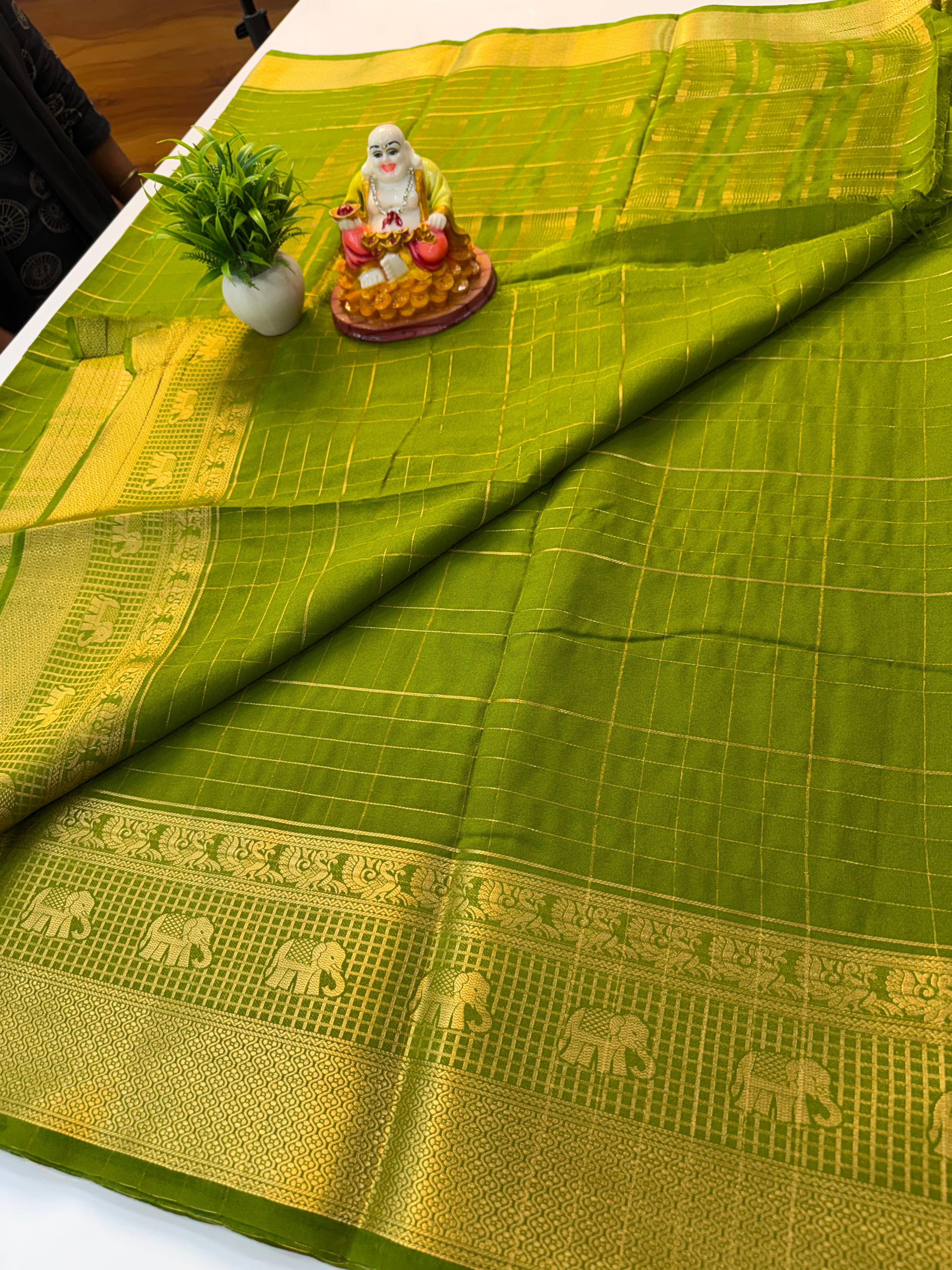 Premium Mysore Crepe Silk Saree with Elephant & Peacock Design Border