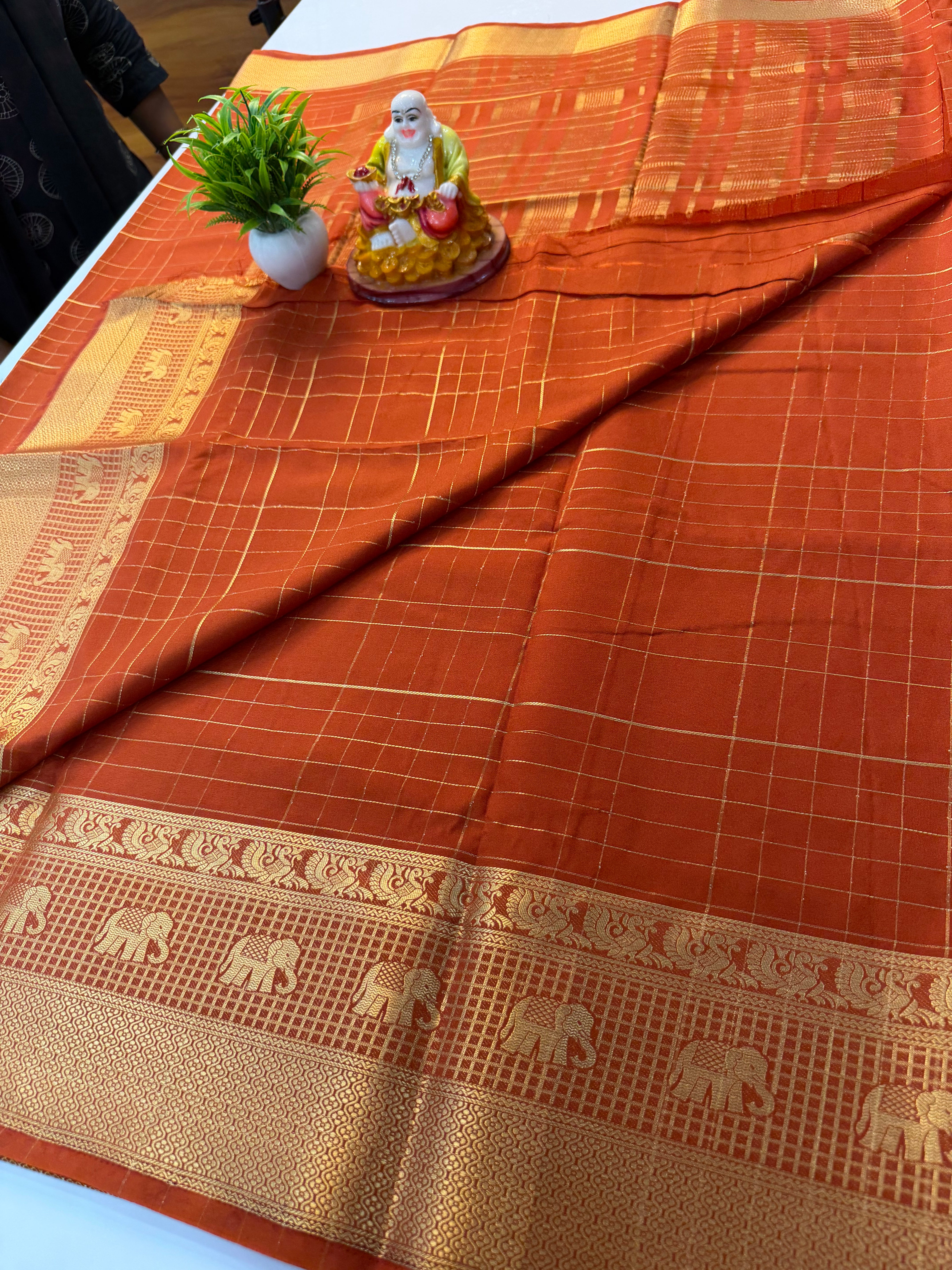 Premium Mysore Crepe Silk Saree with Elephant & Peacock Design Border