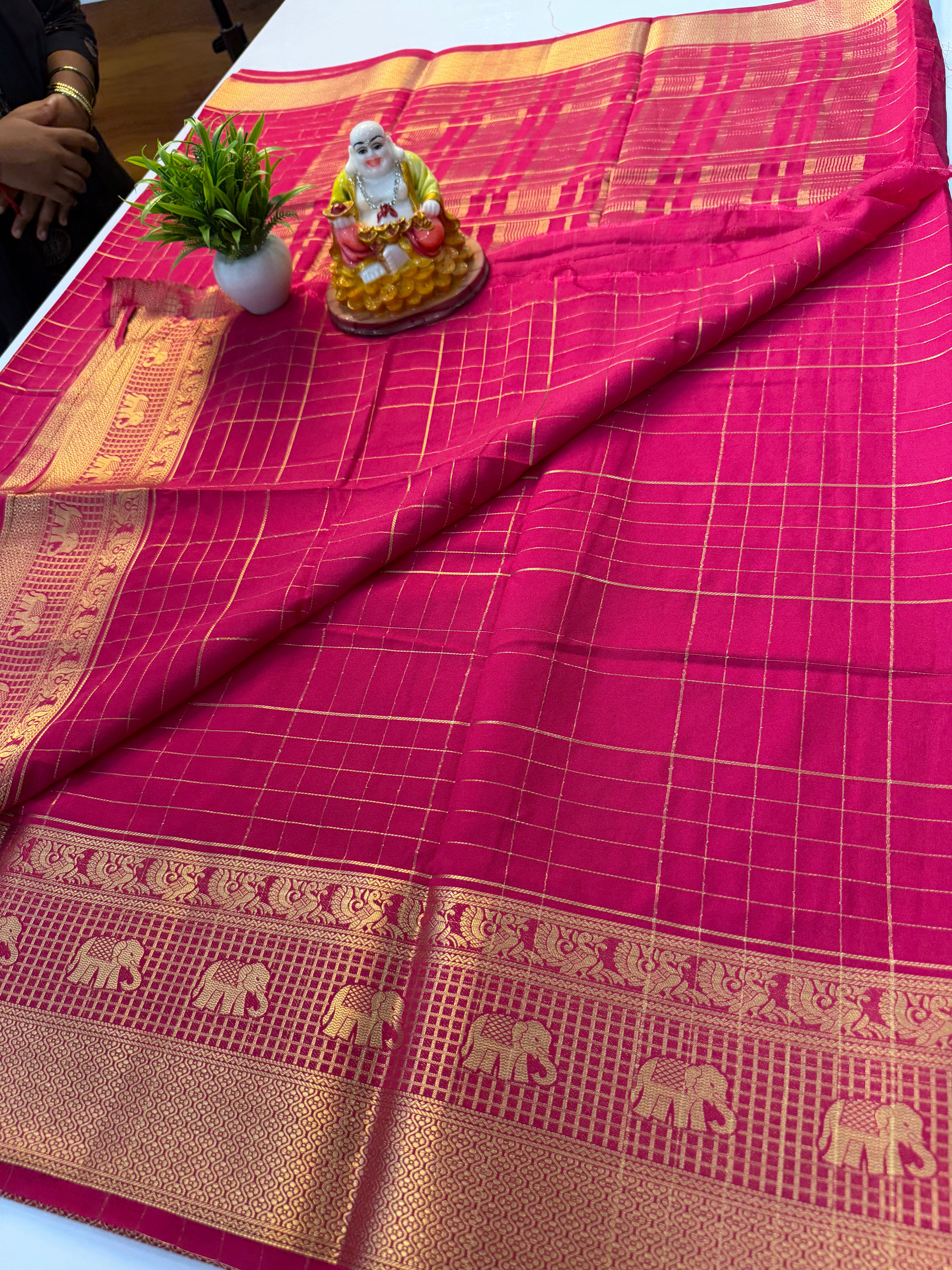 Premium Mysore Crepe Silk Saree with Elephant & Peacock Design Border