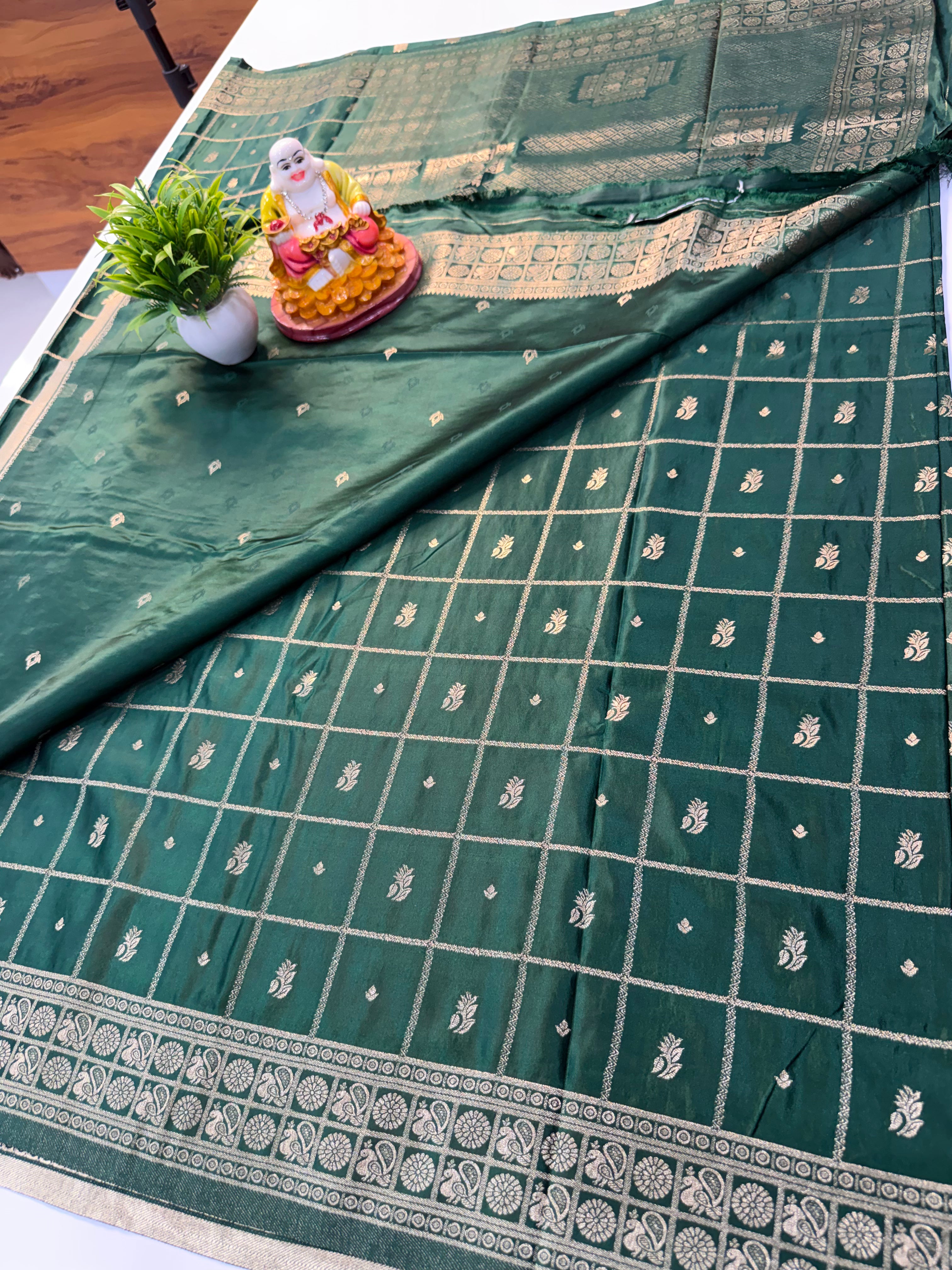 Premium Satin Saree with Checks Pattern & Buttas | Rich Pallu | Butta Blouse