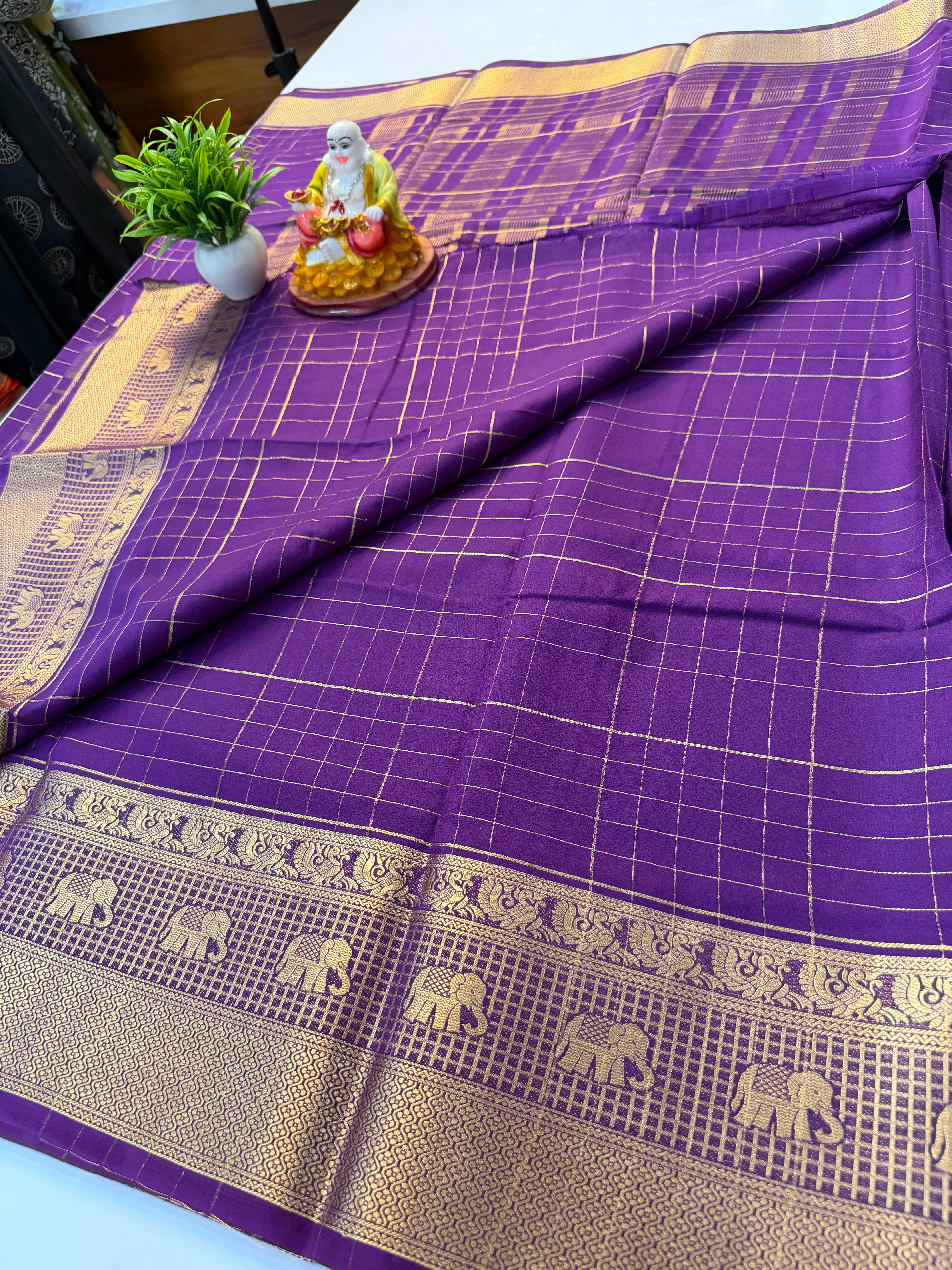 Premium Mysore Crepe Silk Saree with Elephant & Peacock Design Border