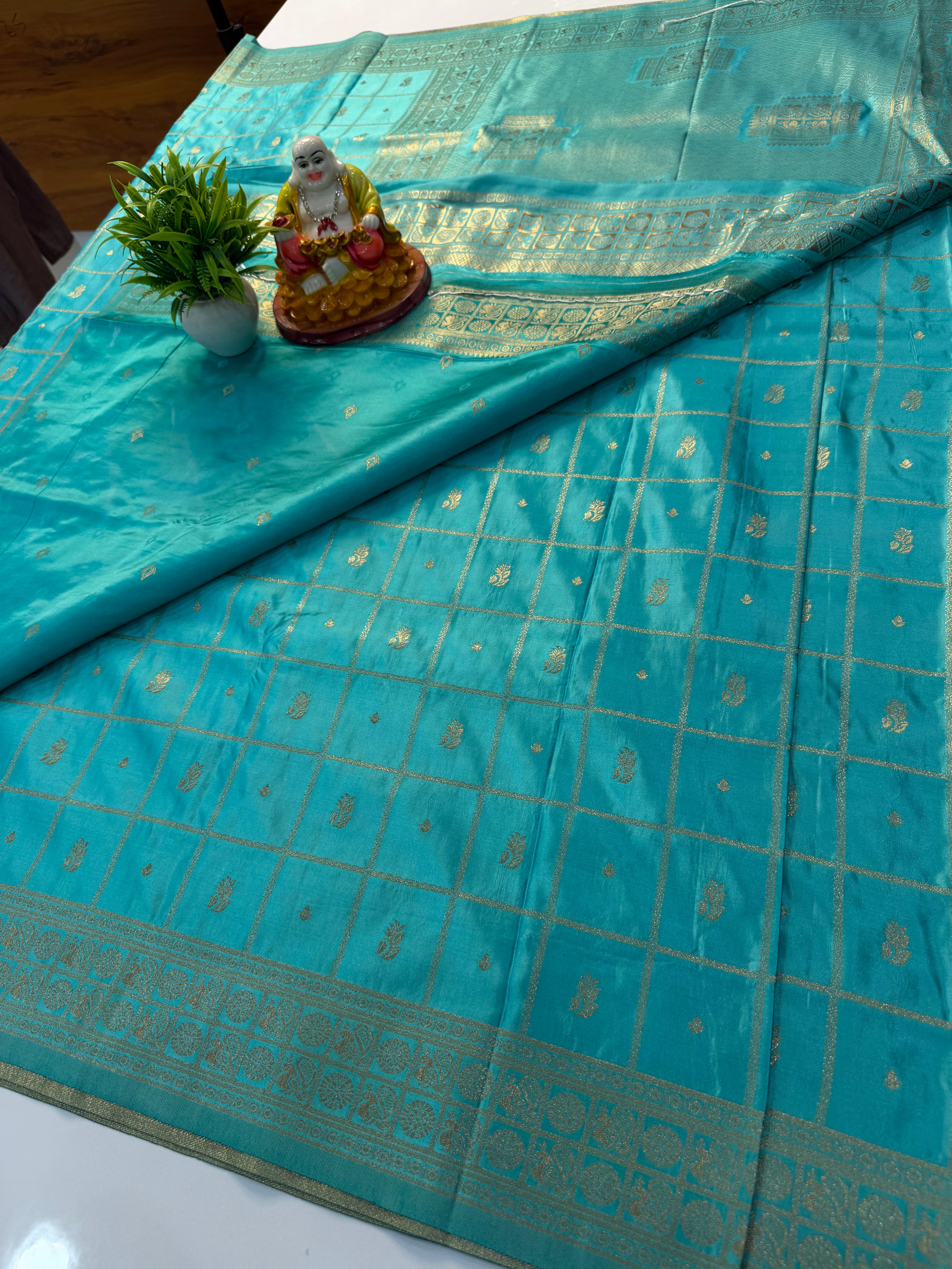 Premium Satin Saree with Checks Pattern & Buttas | Rich Pallu | Butta Blouse