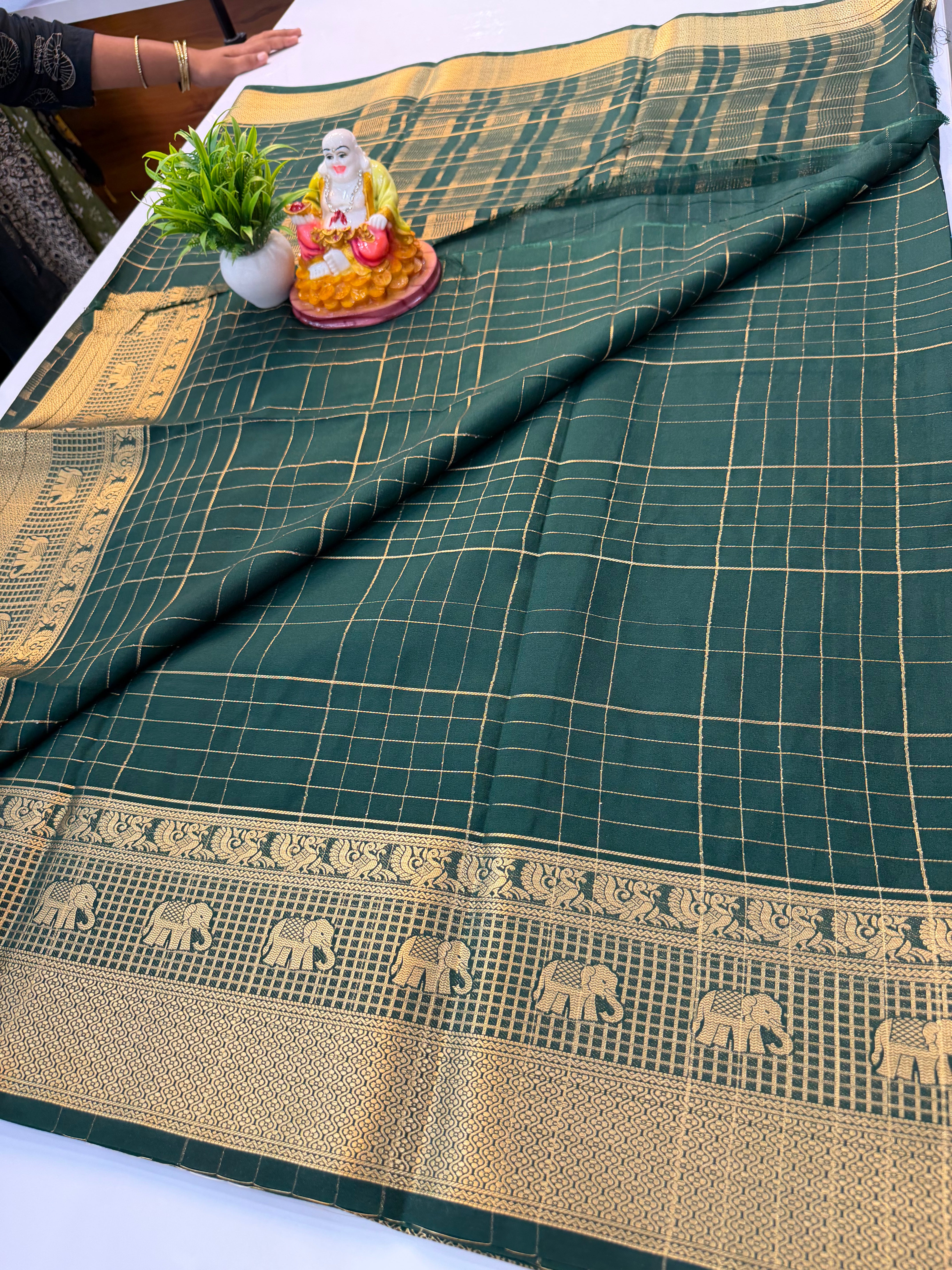 Premium Mysore Crepe Silk Saree with Elephant & Peacock Design Border