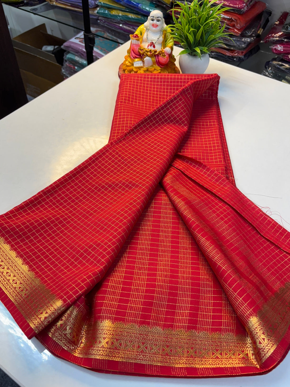 Premium Mysore Crepe Silk Saree with Elegant Checks Pattern  Description: