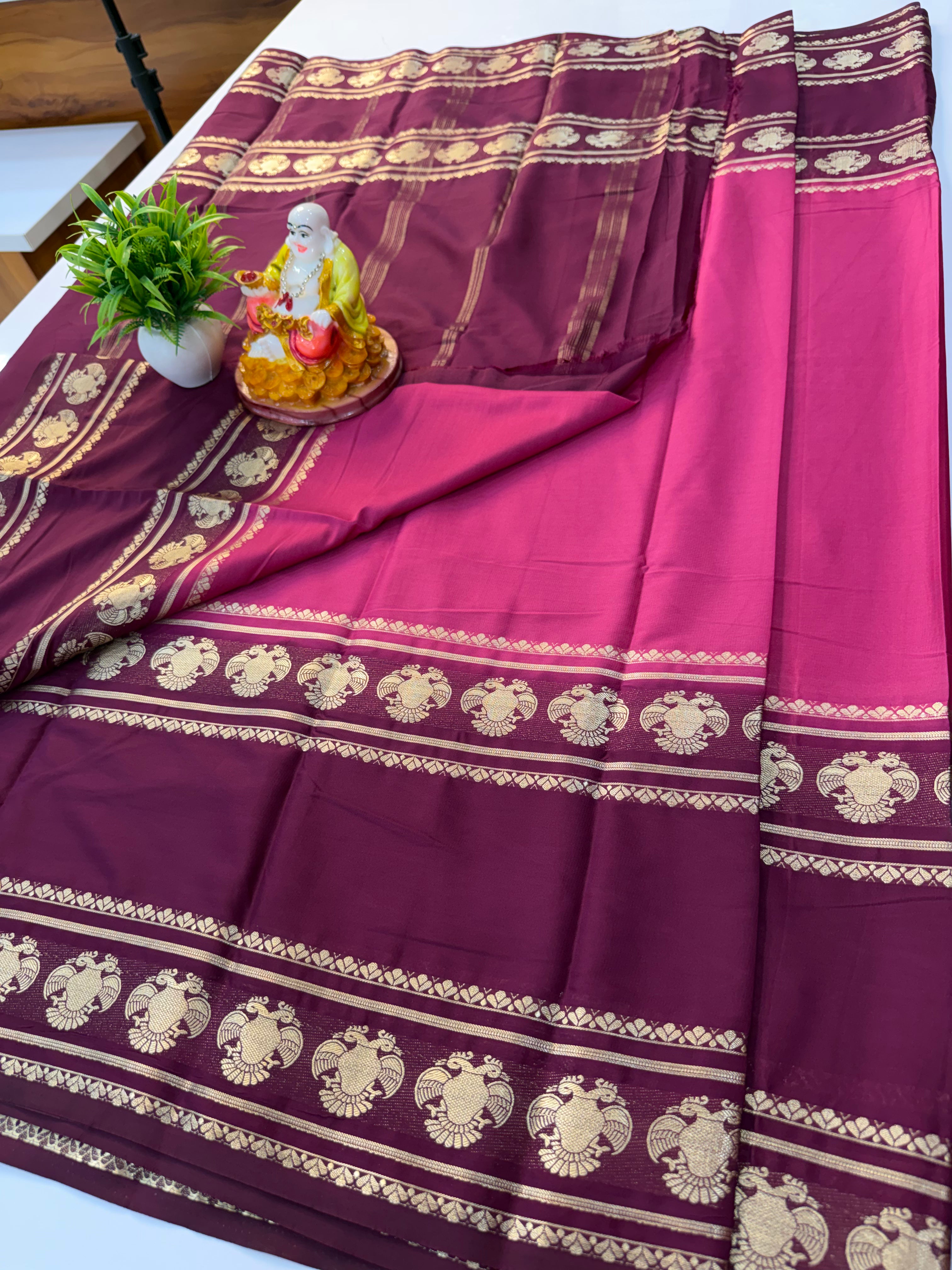 Premium Mysore Crepe Silk Saree with Ganda Berunda Design – Shopify Product Description