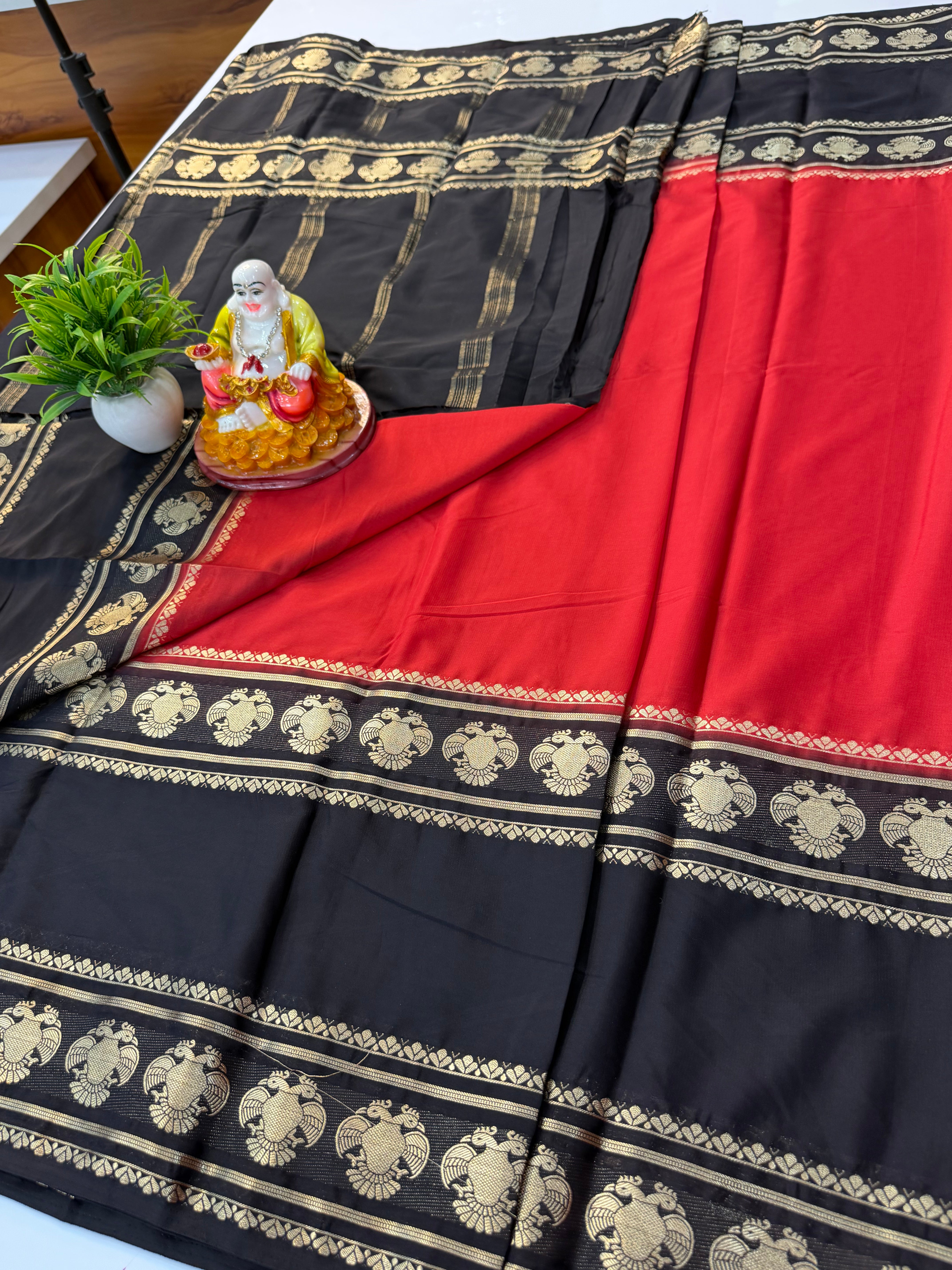 Premium Mysore Crepe Silk Saree with Ganda Berunda Design – Shopify Product Description