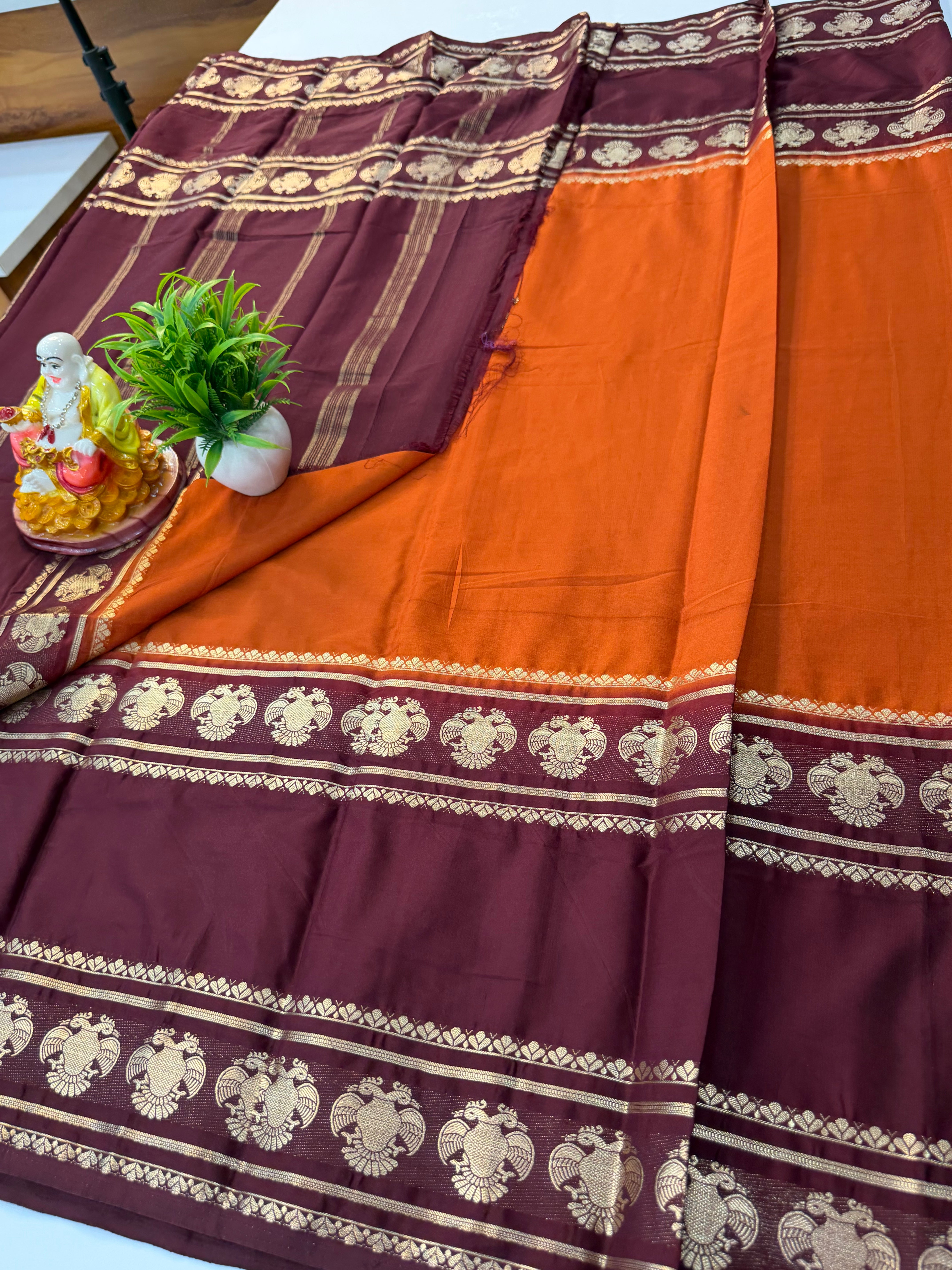 Premium Mysore Crepe Silk Saree with Ganda Berunda Design – Shopify Product Description