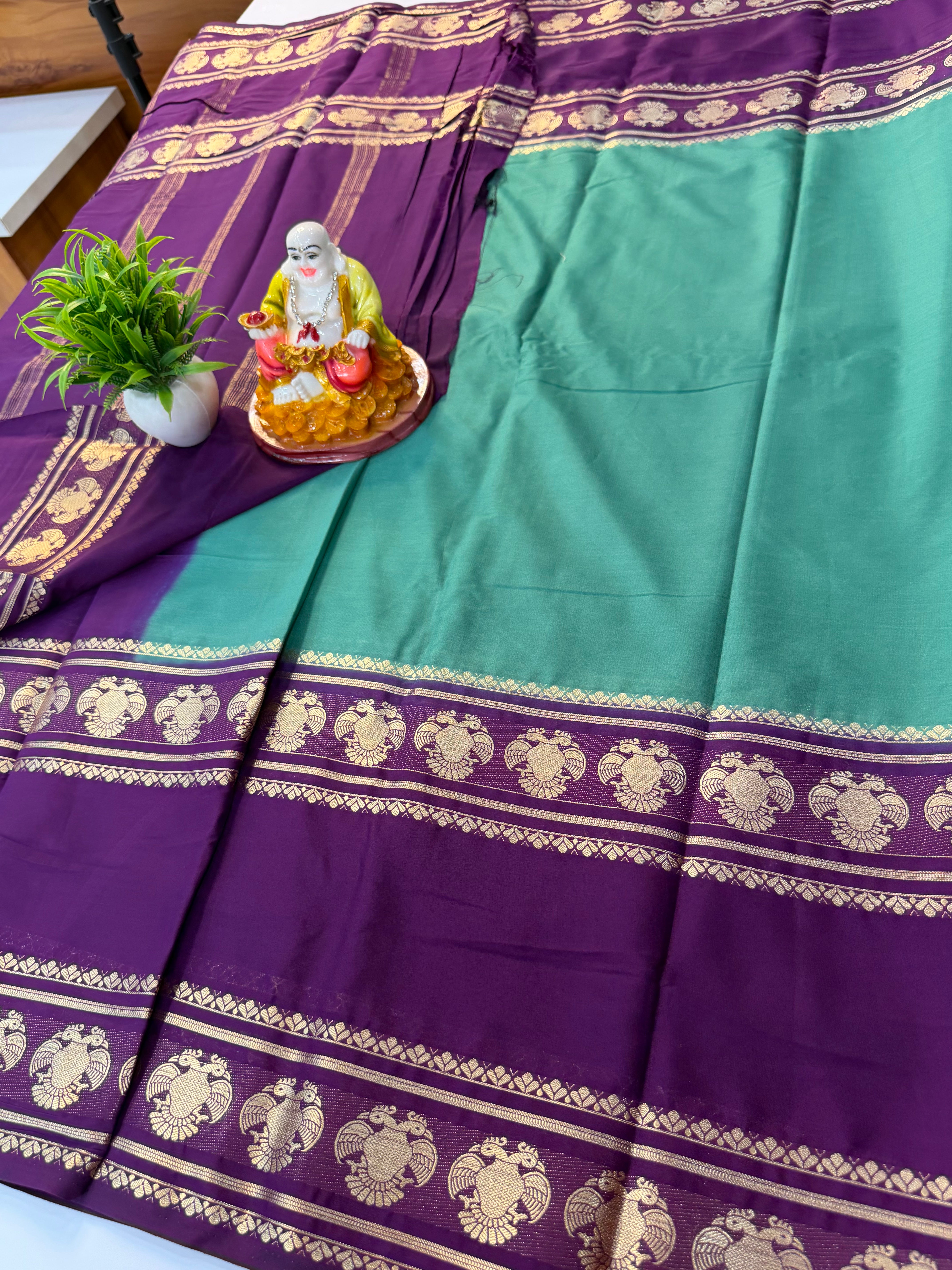 Premium Mysore Crepe Silk Saree with Ganda Berunda Design – Shopify Product Description