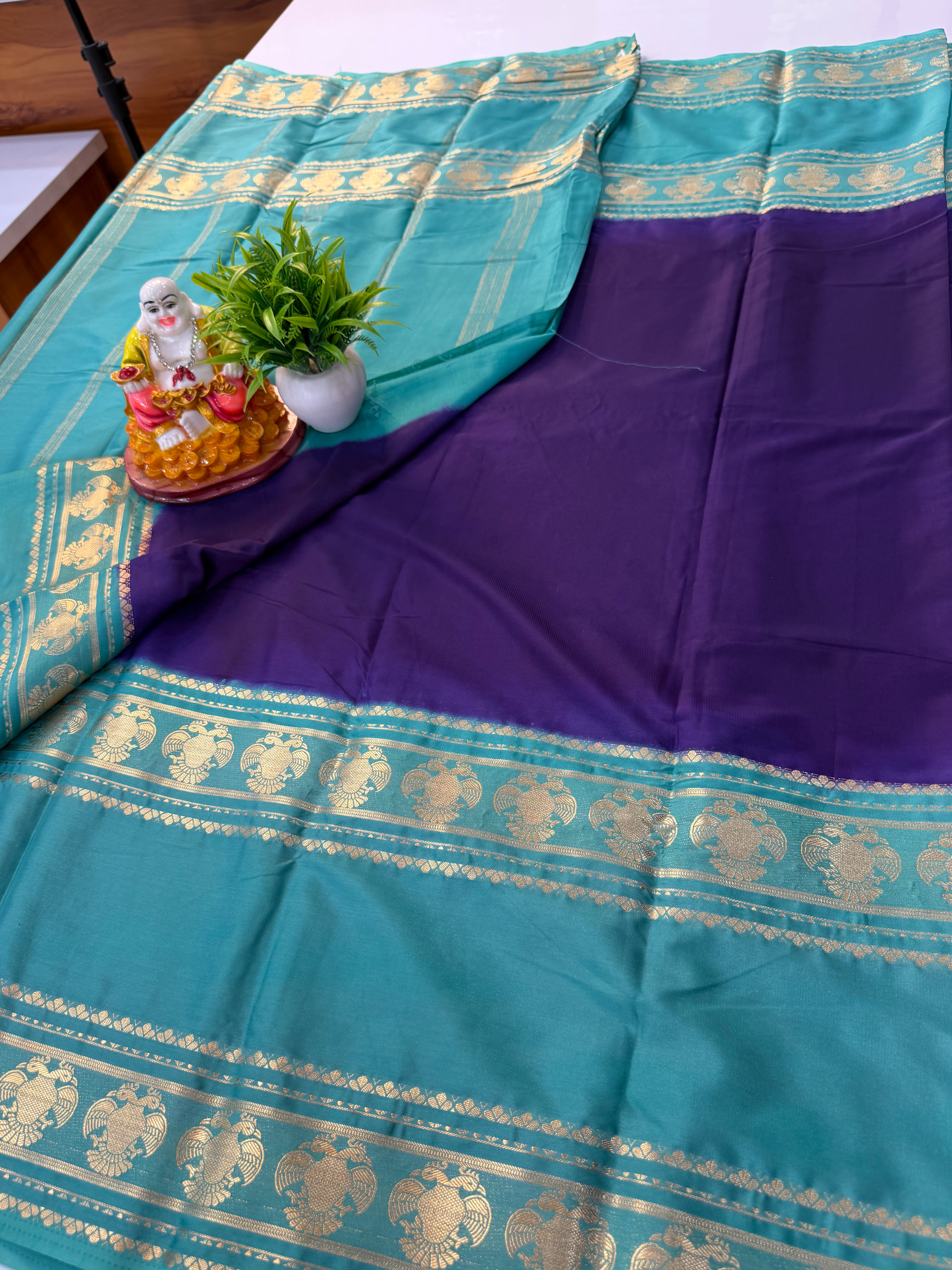 Premium Mysore Crepe Silk Saree with Ganda Berunda Design – Shopify Product Description