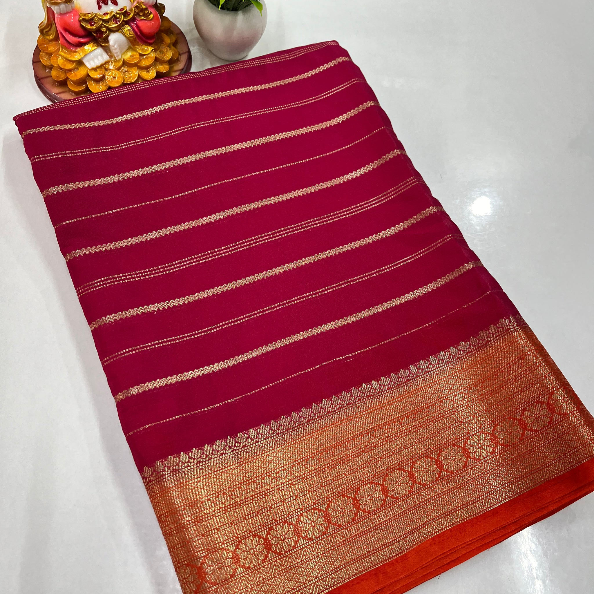 Elegant Semi Crepe Saree with Stripes & Contrast Colors – Padmavathi Silks and Sarees