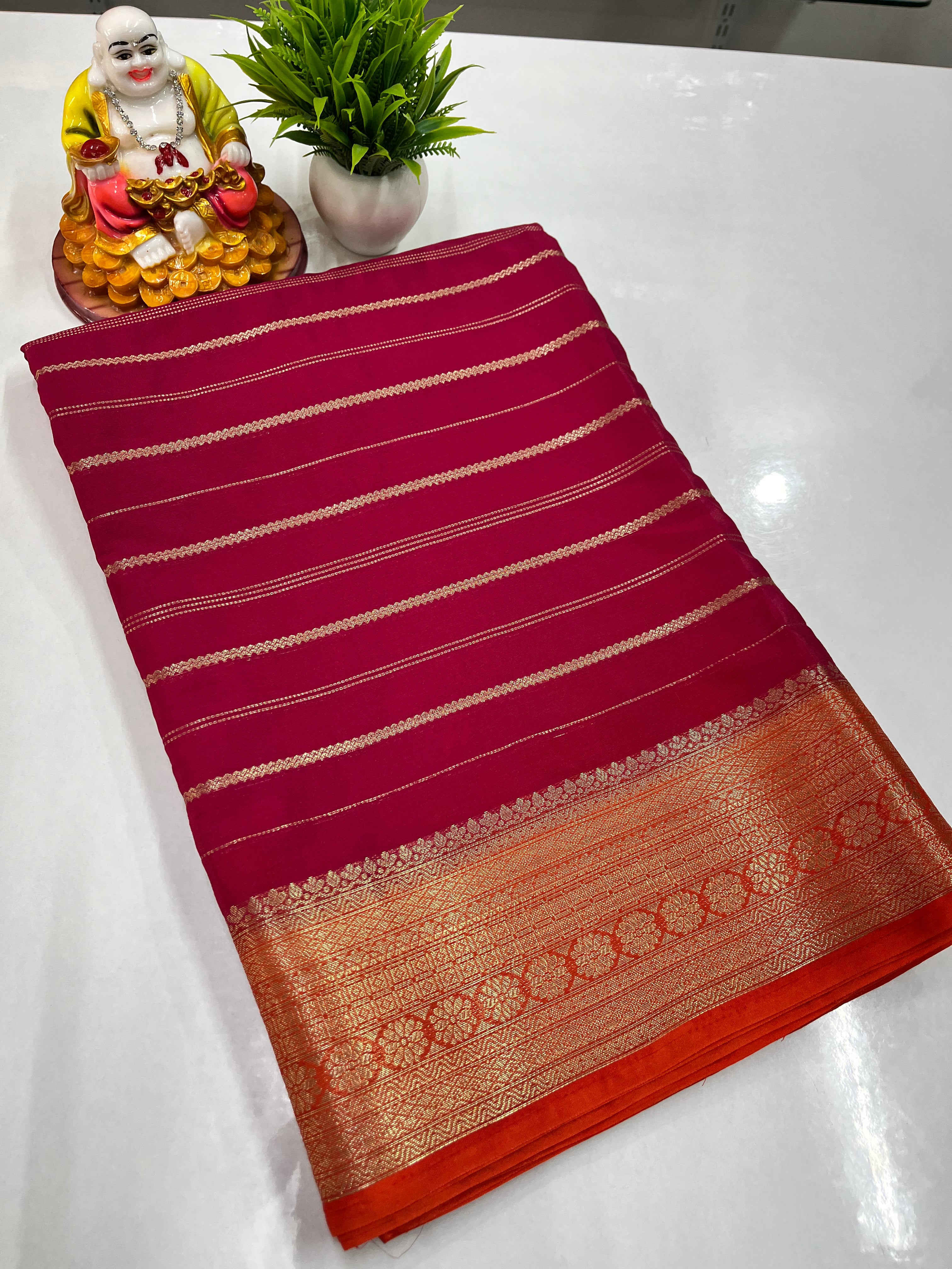 Elegant Semi Crepe Saree with Stripes & Contrast Colors – Padmavathi Silks and Sarees