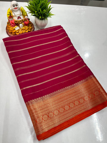 Elegant Semi Crepe Saree with Stripes & Contrast Colors – Padmavathi Silks and Sarees