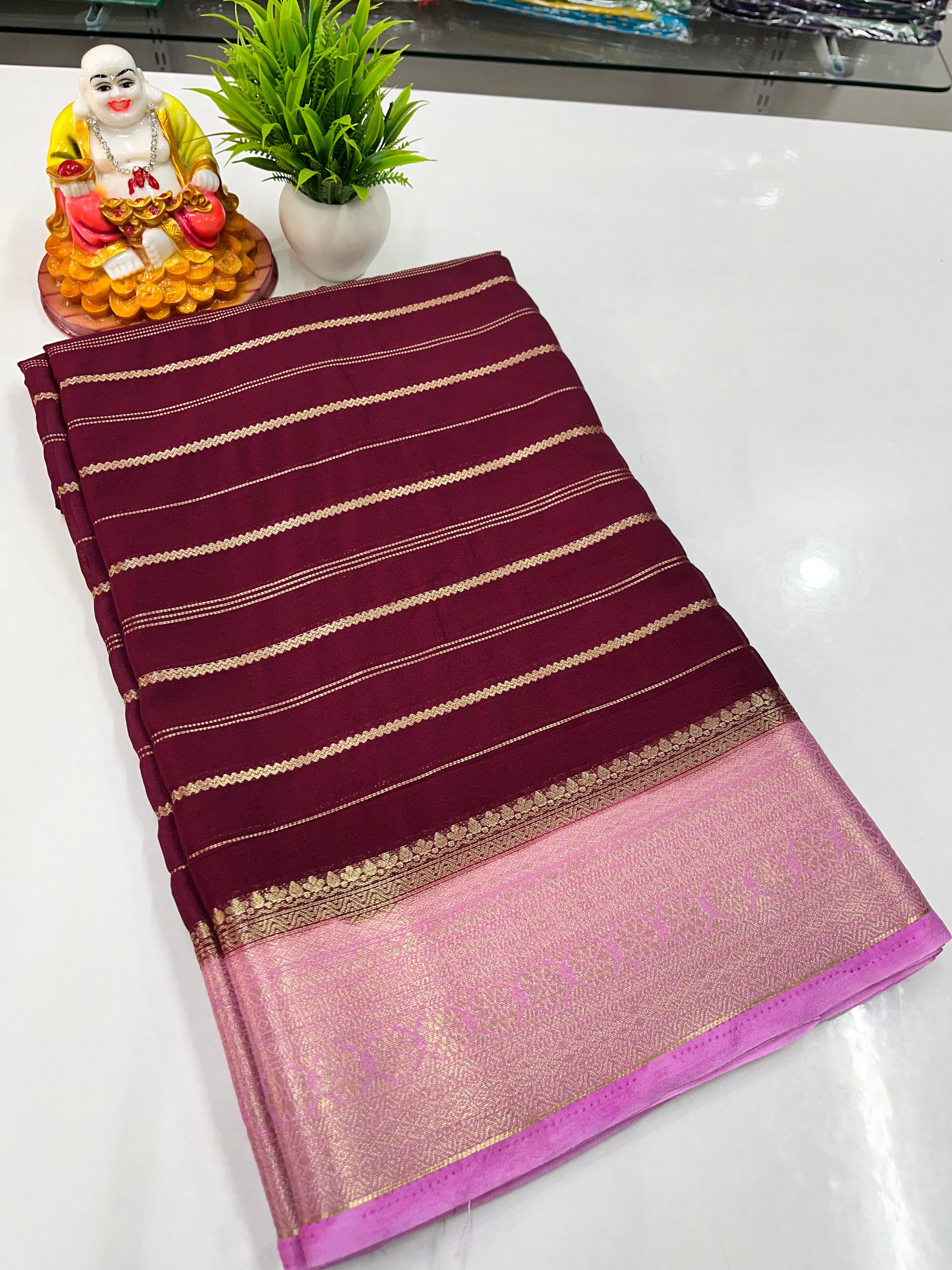 Elegant Semi Crepe Saree with Stripes & Contrast Colors – Padmavathi Silks and Sarees