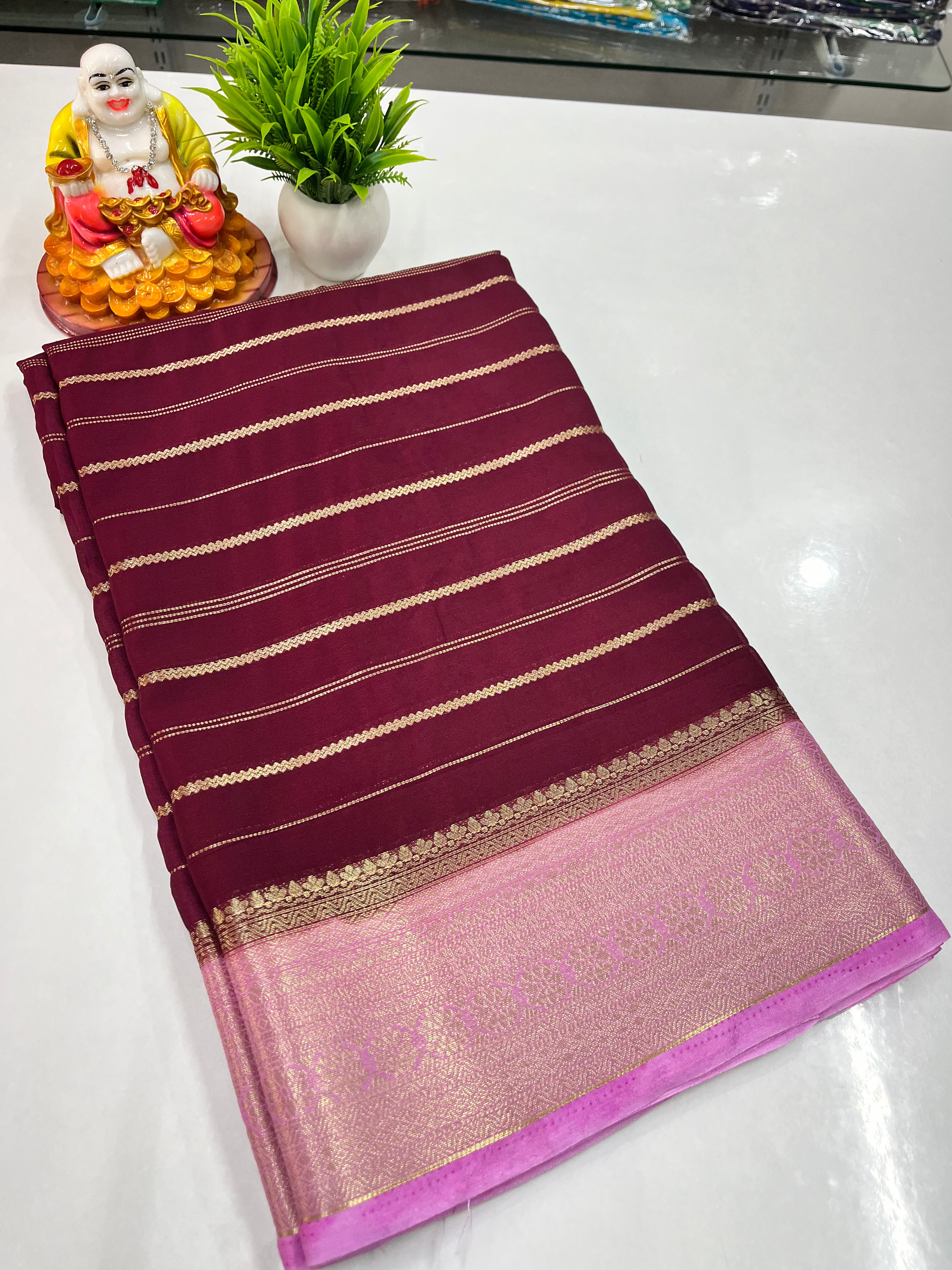 Elegant Semi Crepe Saree with Stripes & Contrast Colors – Padmavathi Silks and Sarees