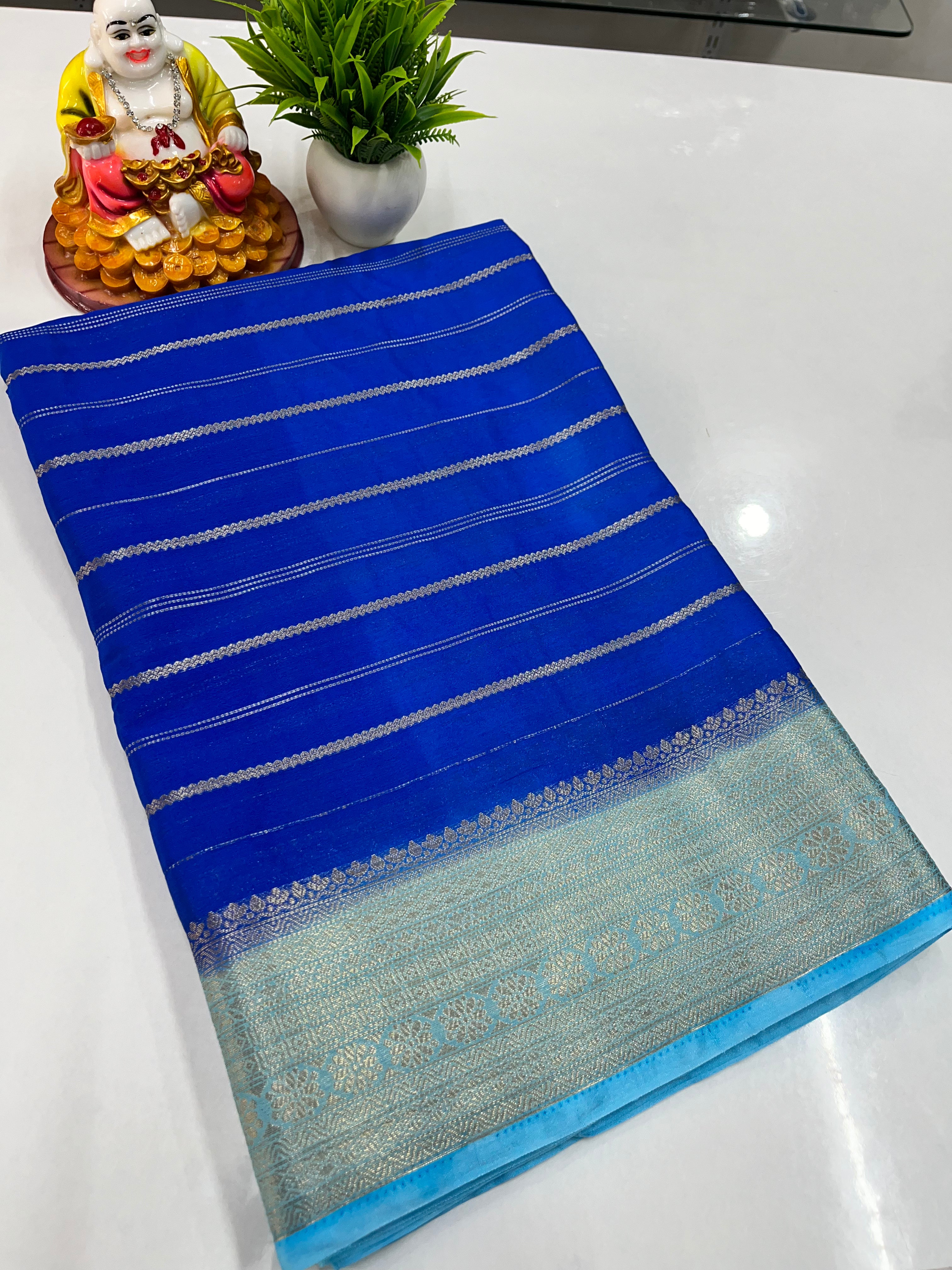 Elegant Semi Crepe Saree with Stripes & Contrast Colors – Padmavathi Silks and Sarees