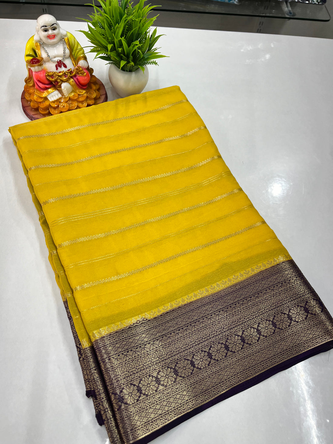 Elegant Semi Crepe Saree with Stripes & Contrast Colors – Padmavathi Silks and Sarees