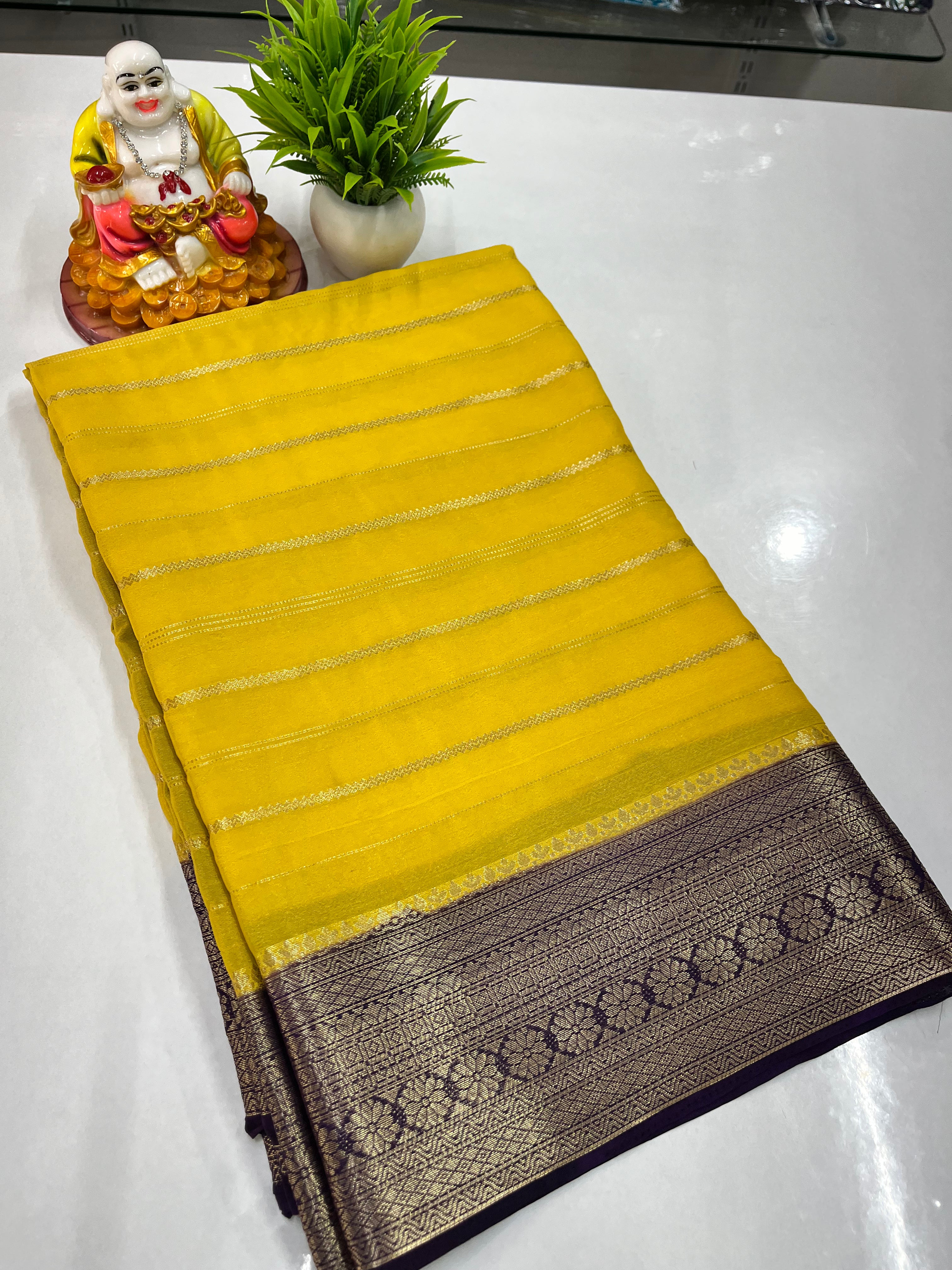 Elegant Semi Crepe Saree with Stripes & Contrast Colors – Padmavathi Silks and Sarees