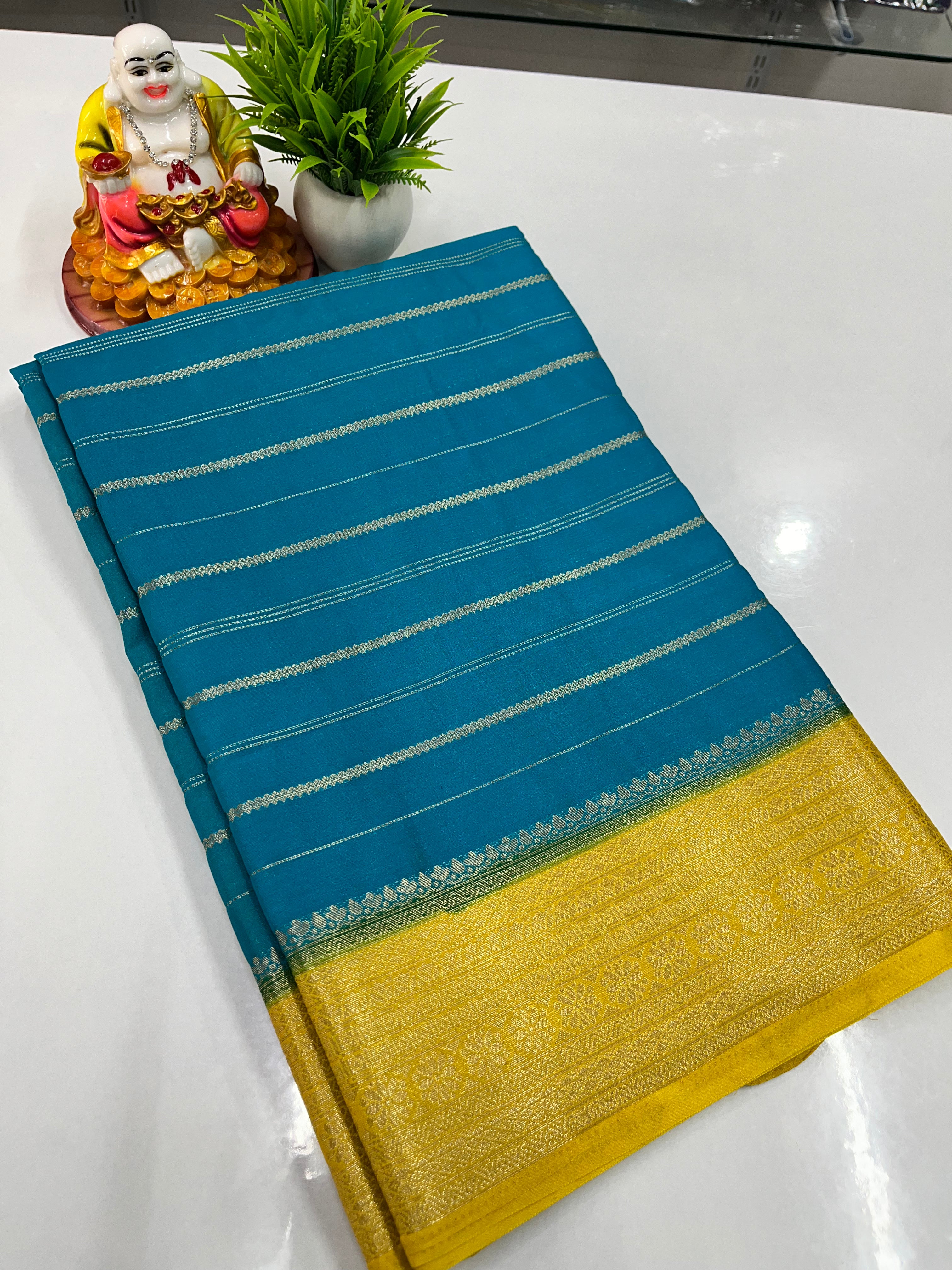 Elegant Semi Crepe Saree with Stripes & Contrast Colors – Padmavathi Silks and Sarees