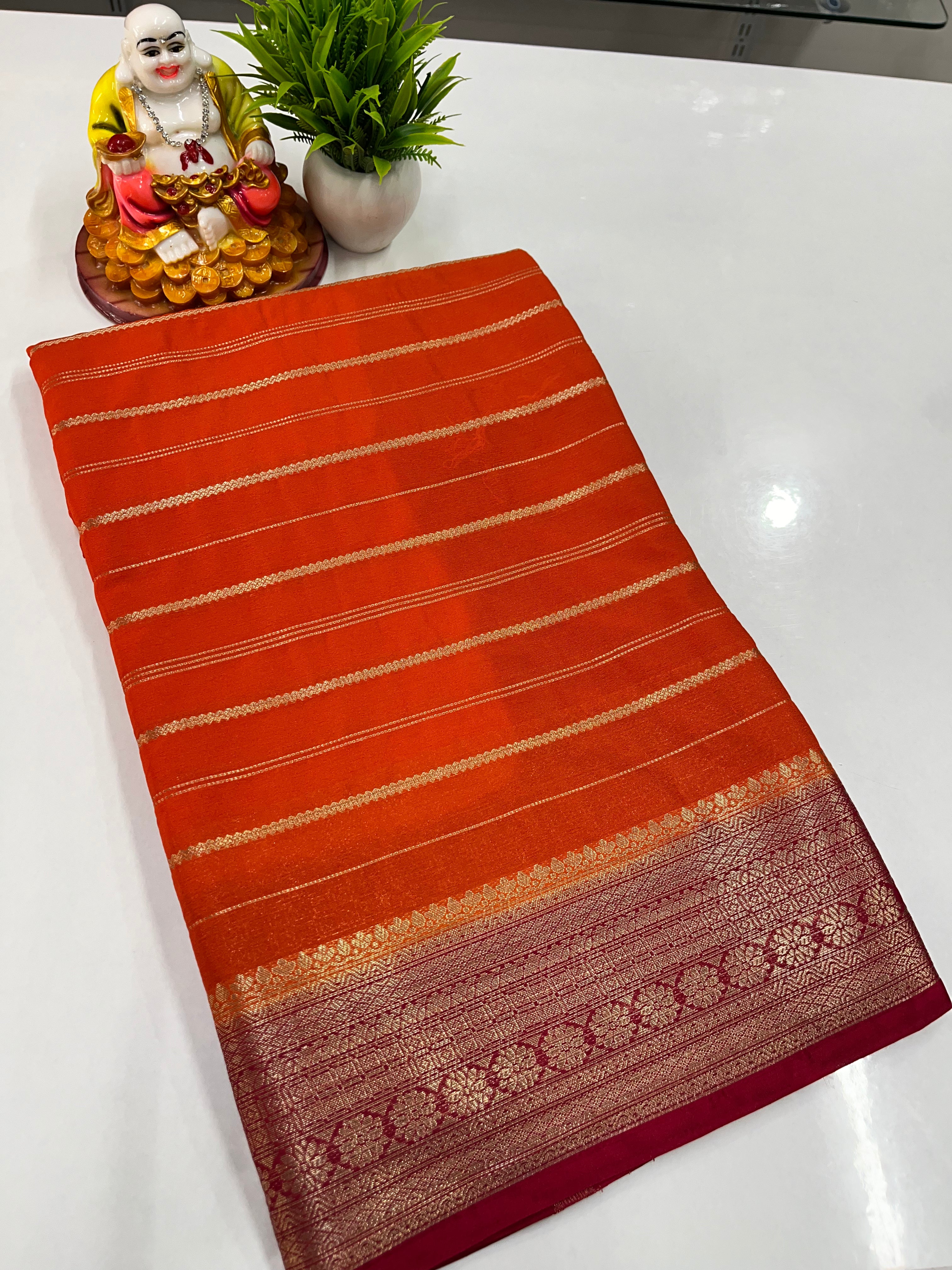 Elegant Semi Crepe Saree with Stripes & Contrast Colors – Padmavathi Silks and Sarees