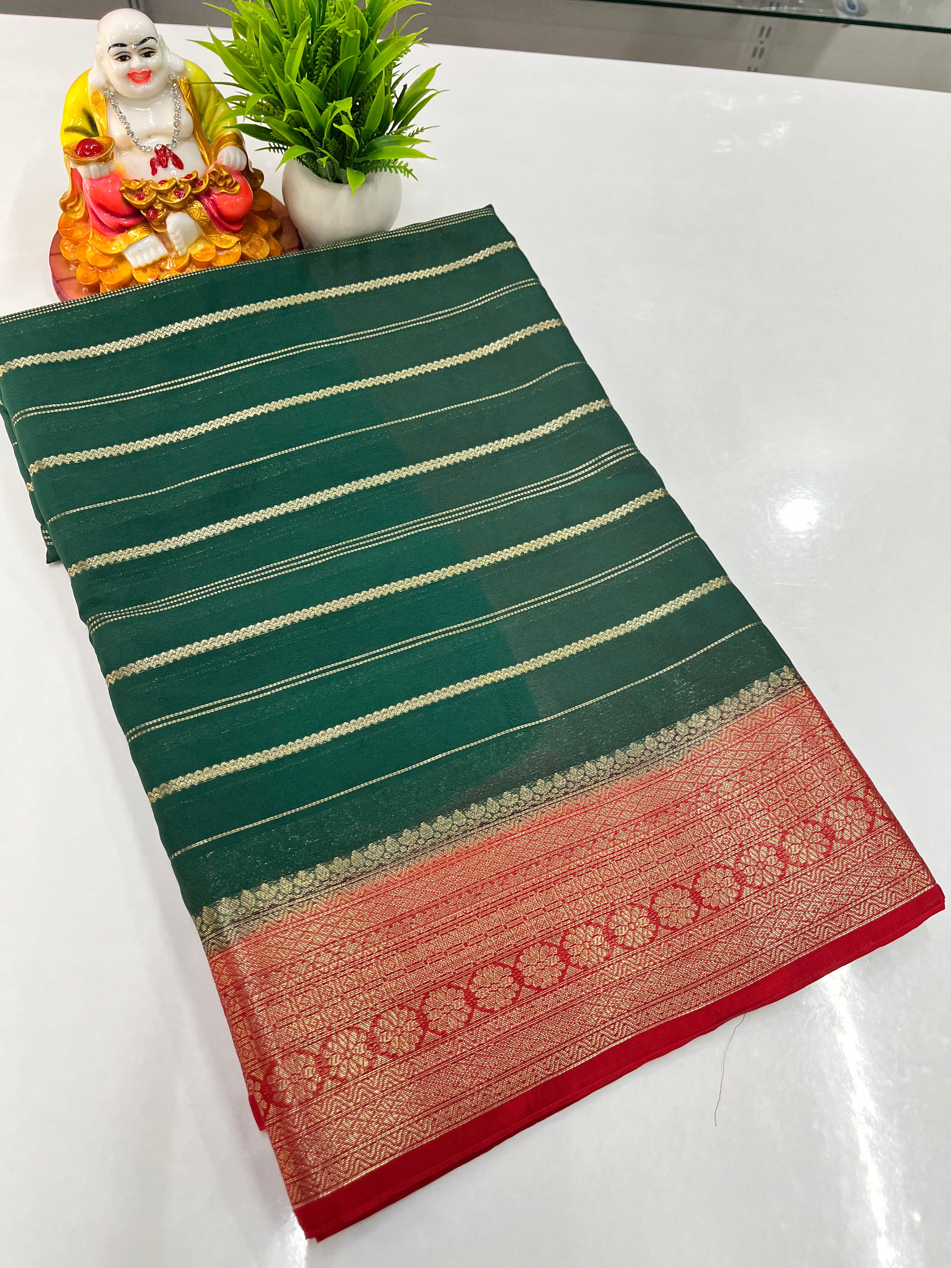 Elegant Semi Crepe Saree with Stripes & Contrast Colors – Padmavathi Silks and Sarees