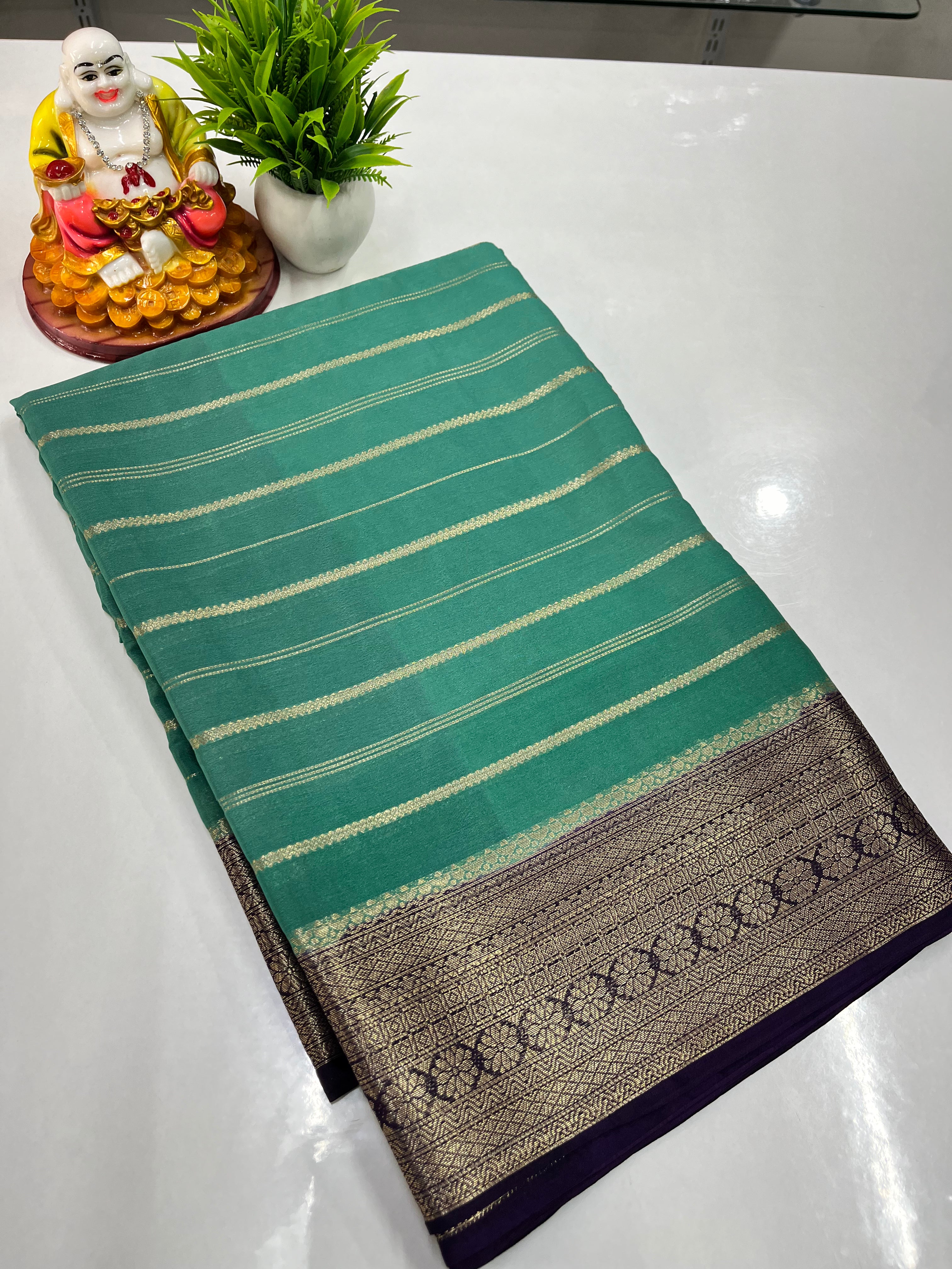 Elegant Semi Crepe Saree with Stripes & Contrast Colors – Padmavathi Silks and Sarees