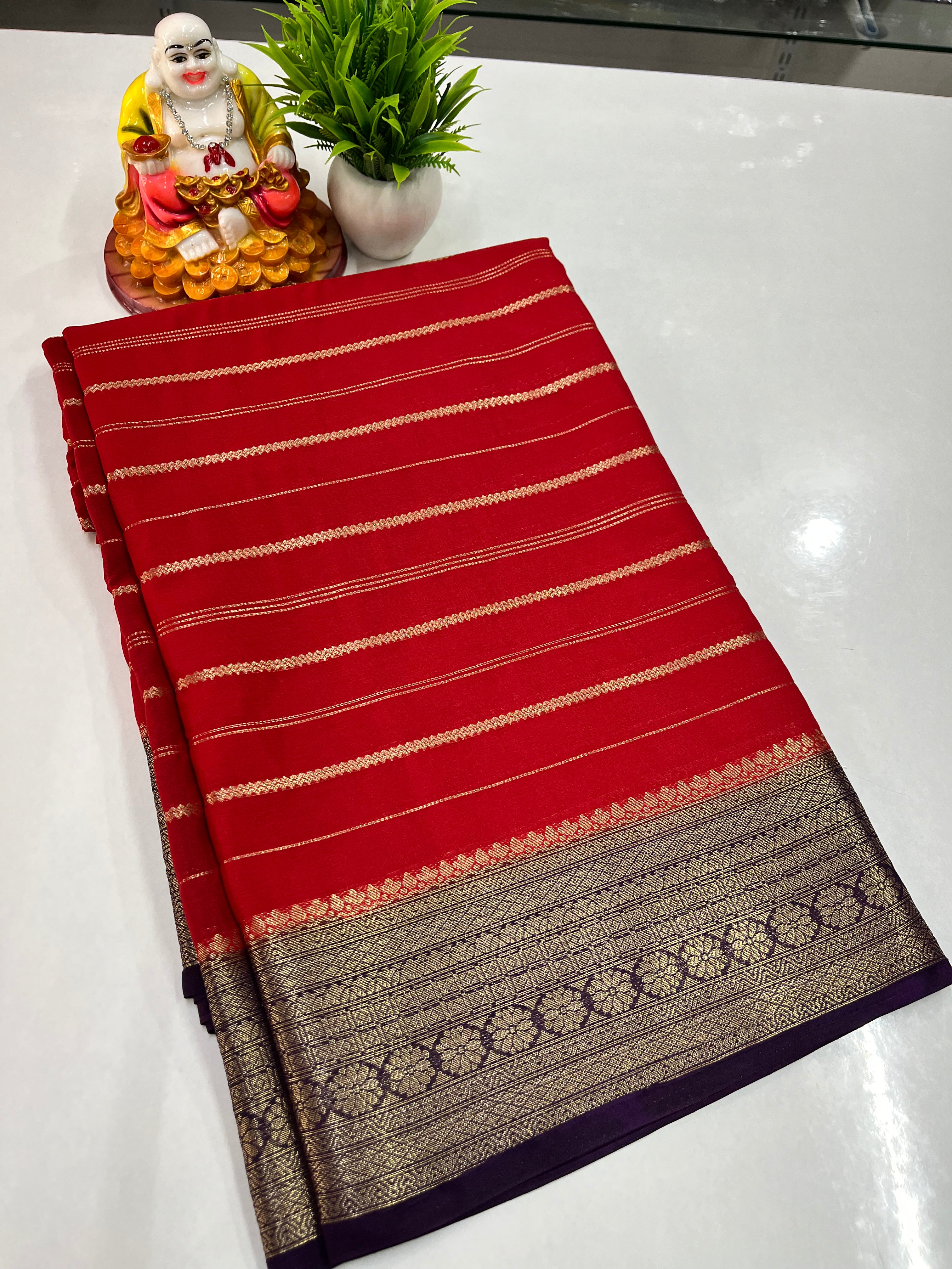 Elegant Semi Crepe Saree with Stripes & Contrast Colors – Padmavathi Silks and Sarees
