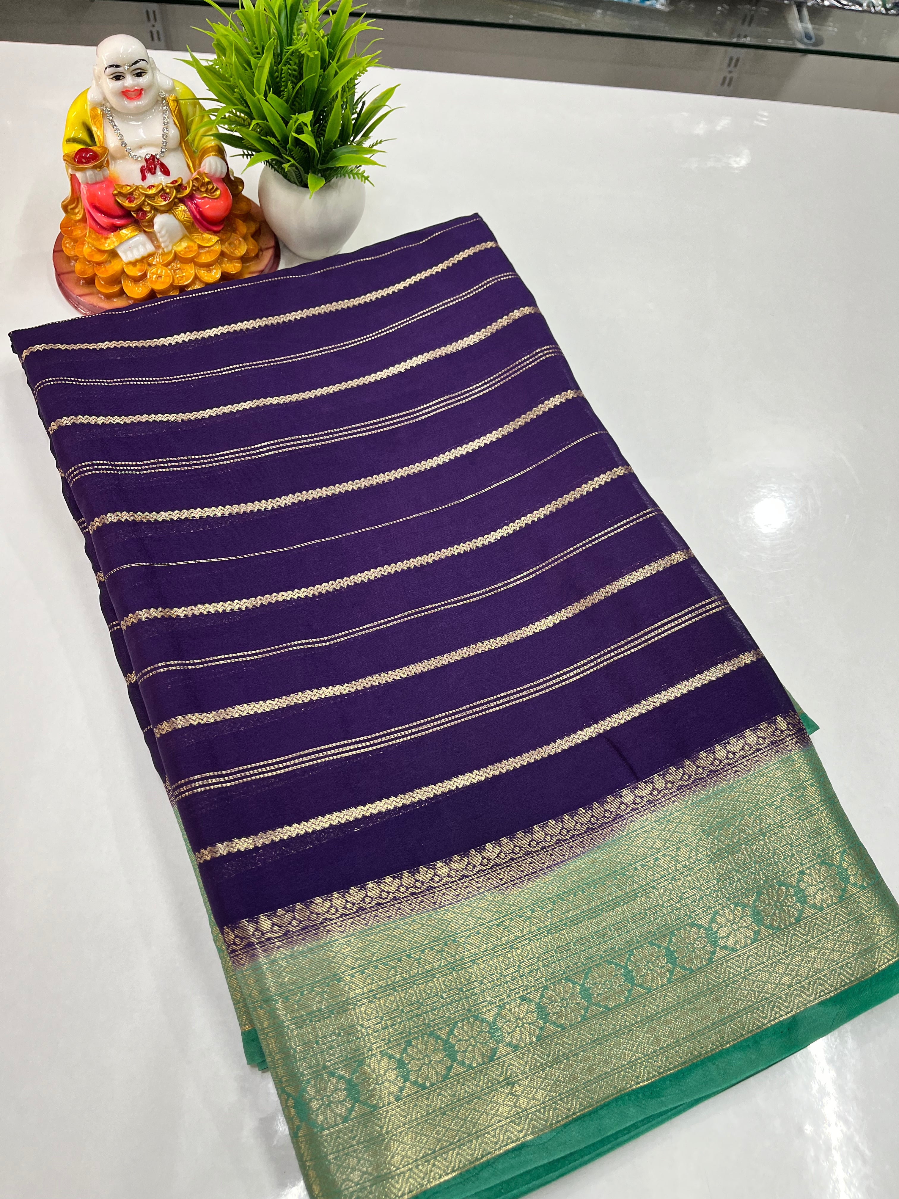 Elegant Semi Crepe Saree with Stripes & Contrast Colors – Padmavathi Silks and Sarees
