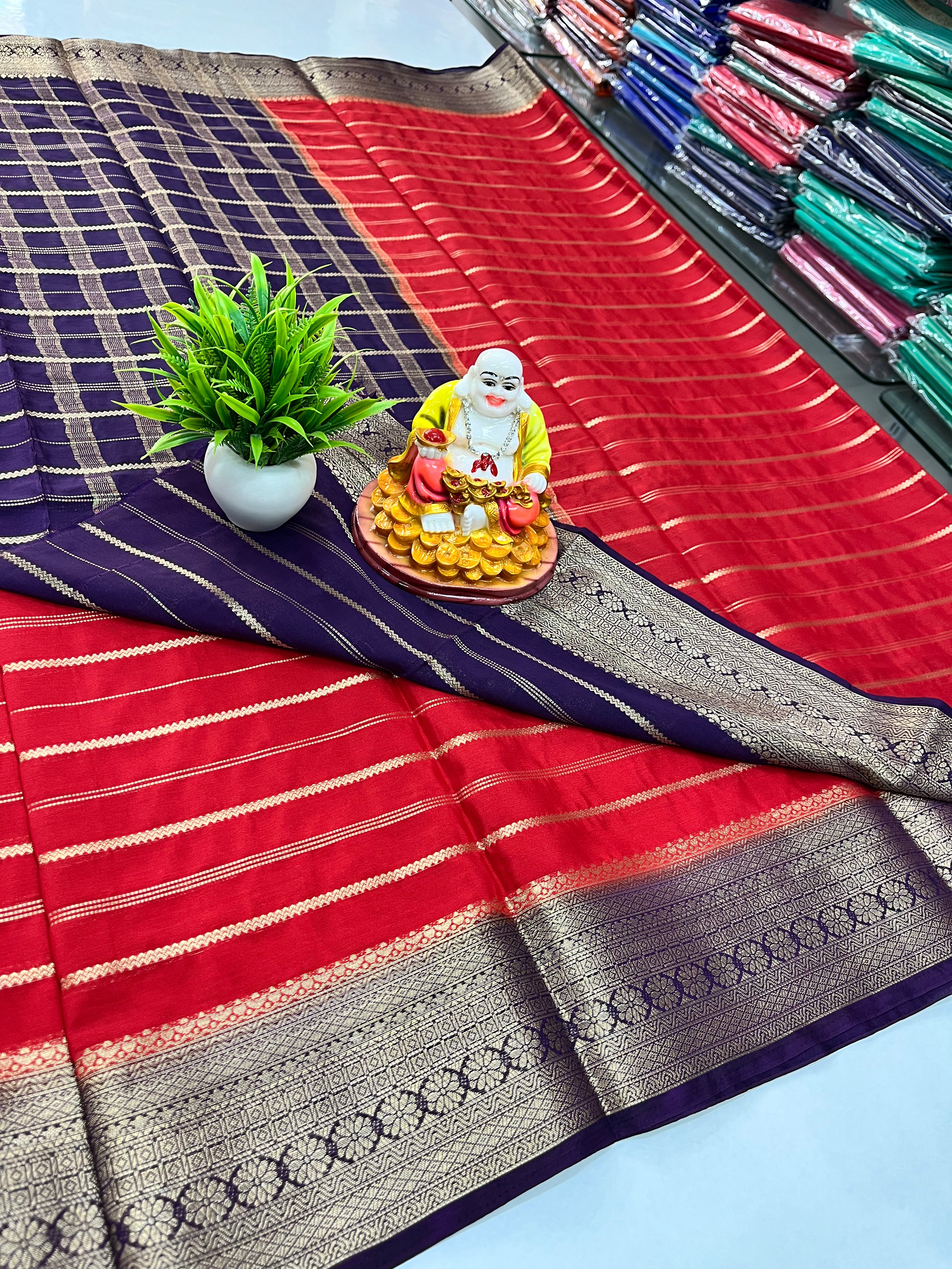 Elegant Semi Crepe Saree with Stripes & Contrast Colors – Padmavathi Silks and Sarees