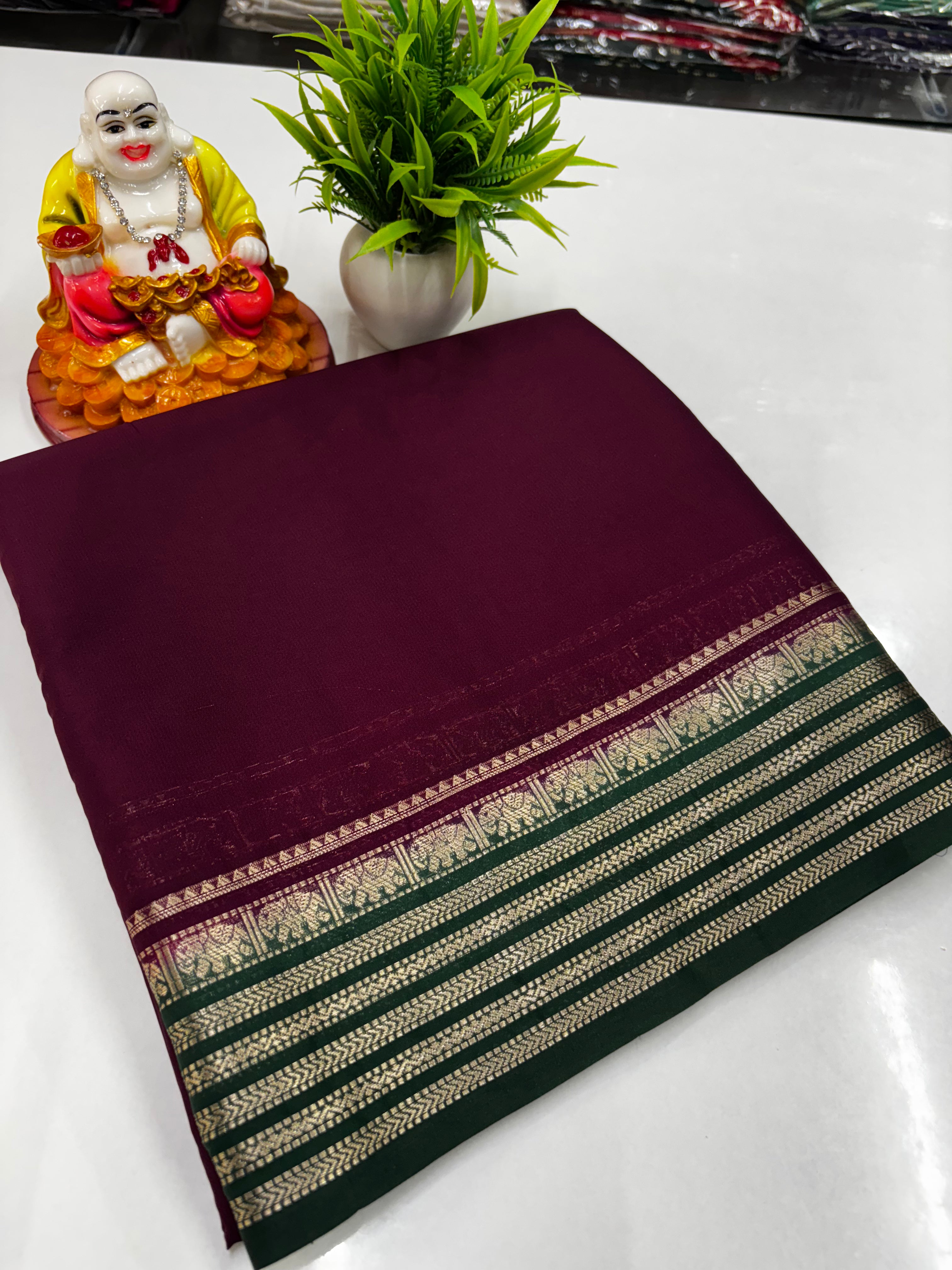 Mysore Crepe Silk Saree with Beautiful Elephant Border – By Padmavathi Silks and Sarees ✨