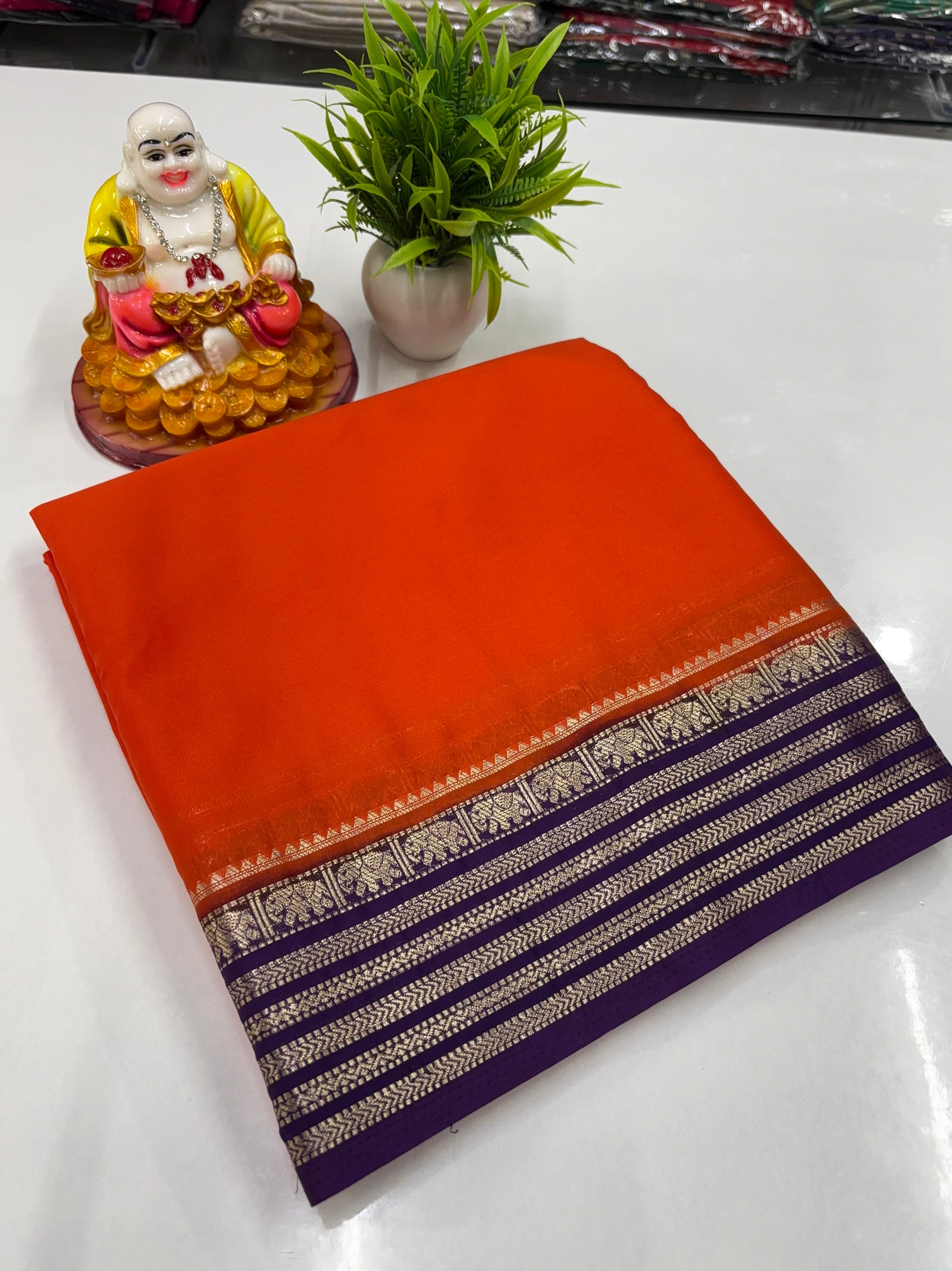 Mysore Crepe Silk Saree with Beautiful Elephant Border – By Padmavathi Silks and Sarees ✨