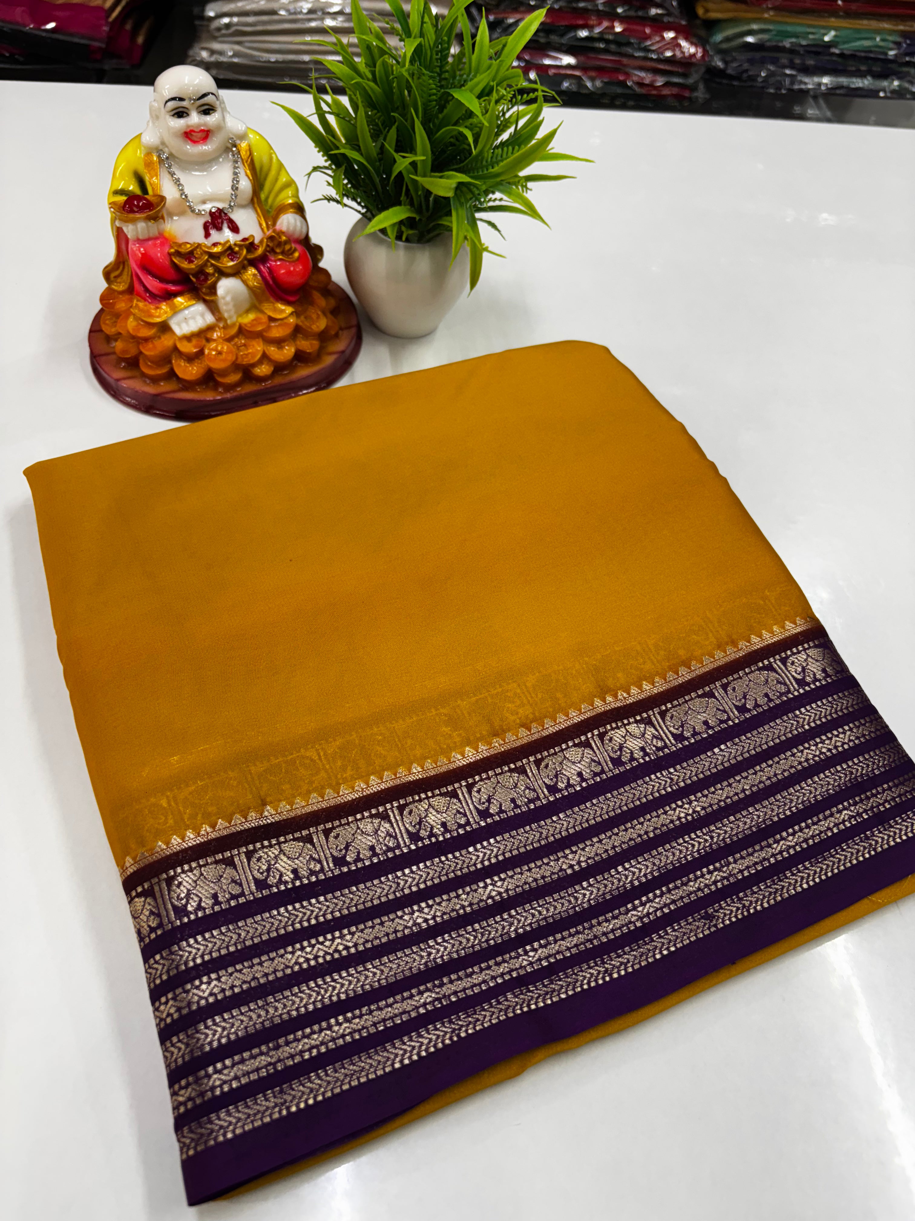 Mysore Crepe Silk Saree with Beautiful Elephant Border – By Padmavathi Silks and Sarees ✨