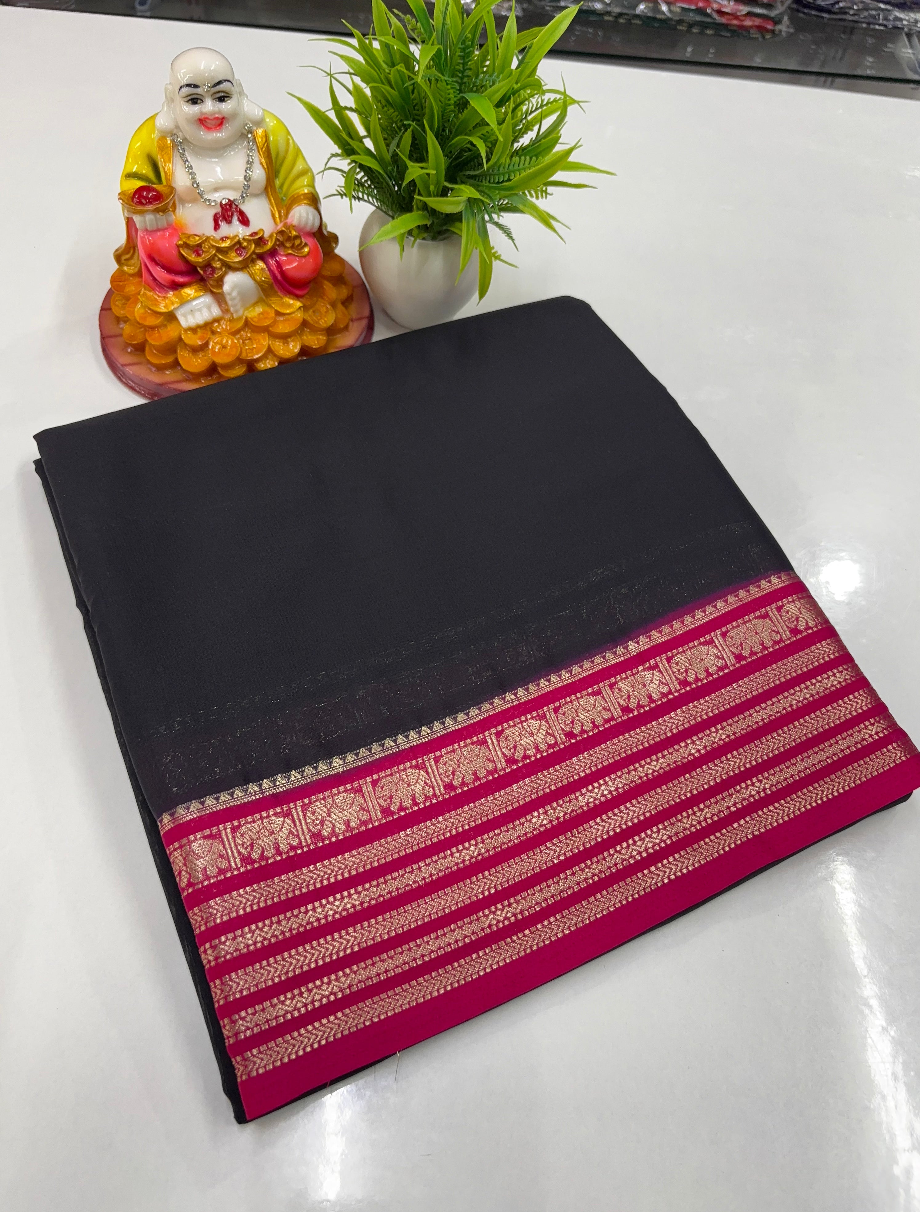 Mysore Crepe Silk Saree with Beautiful Elephant Border – By Padmavathi Silks and Sarees ✨