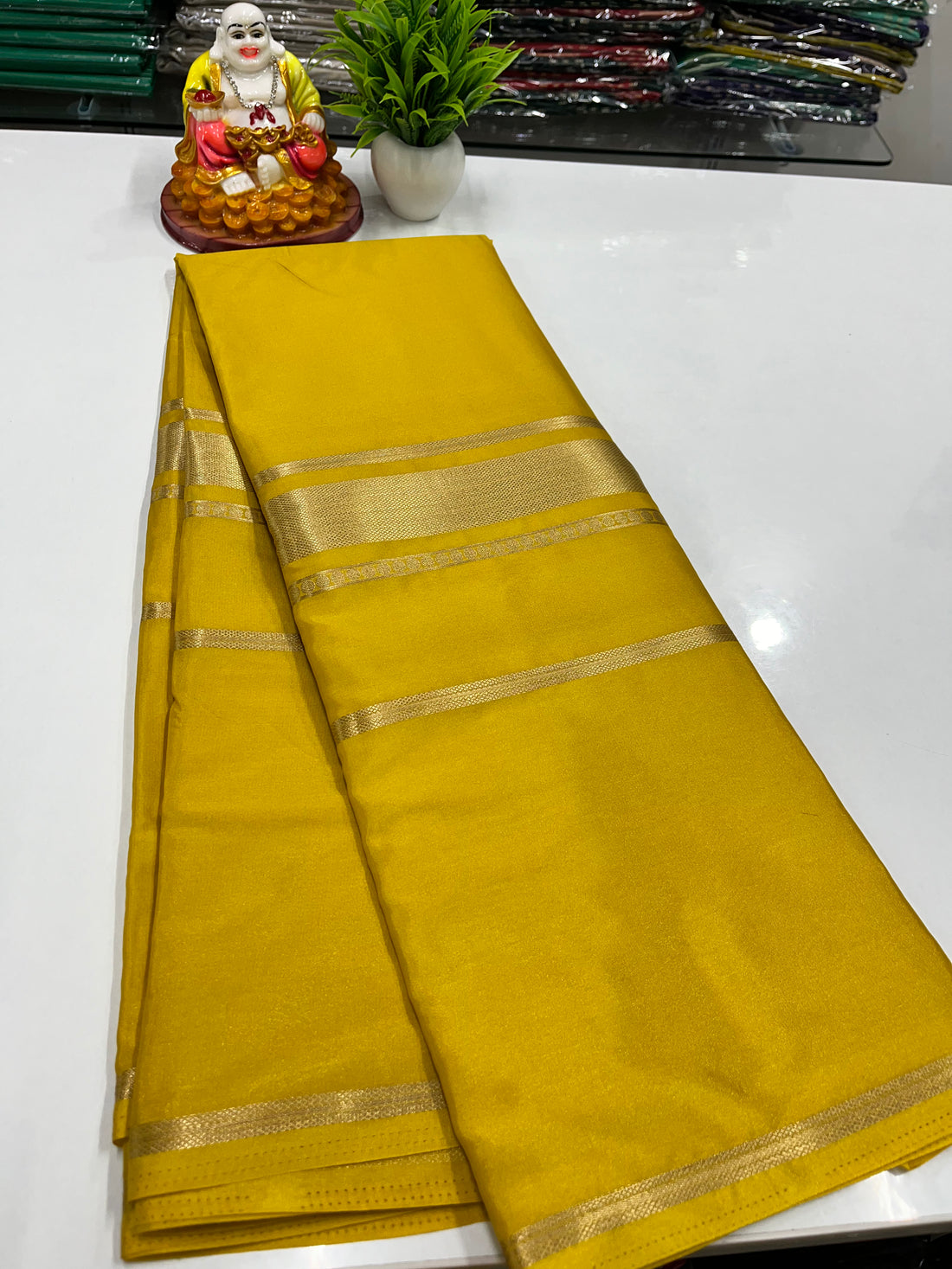 Premium Semi Mysore Crepe Silk Saree with Golden Zari Weaving – Padmavathi Silks and Sarees