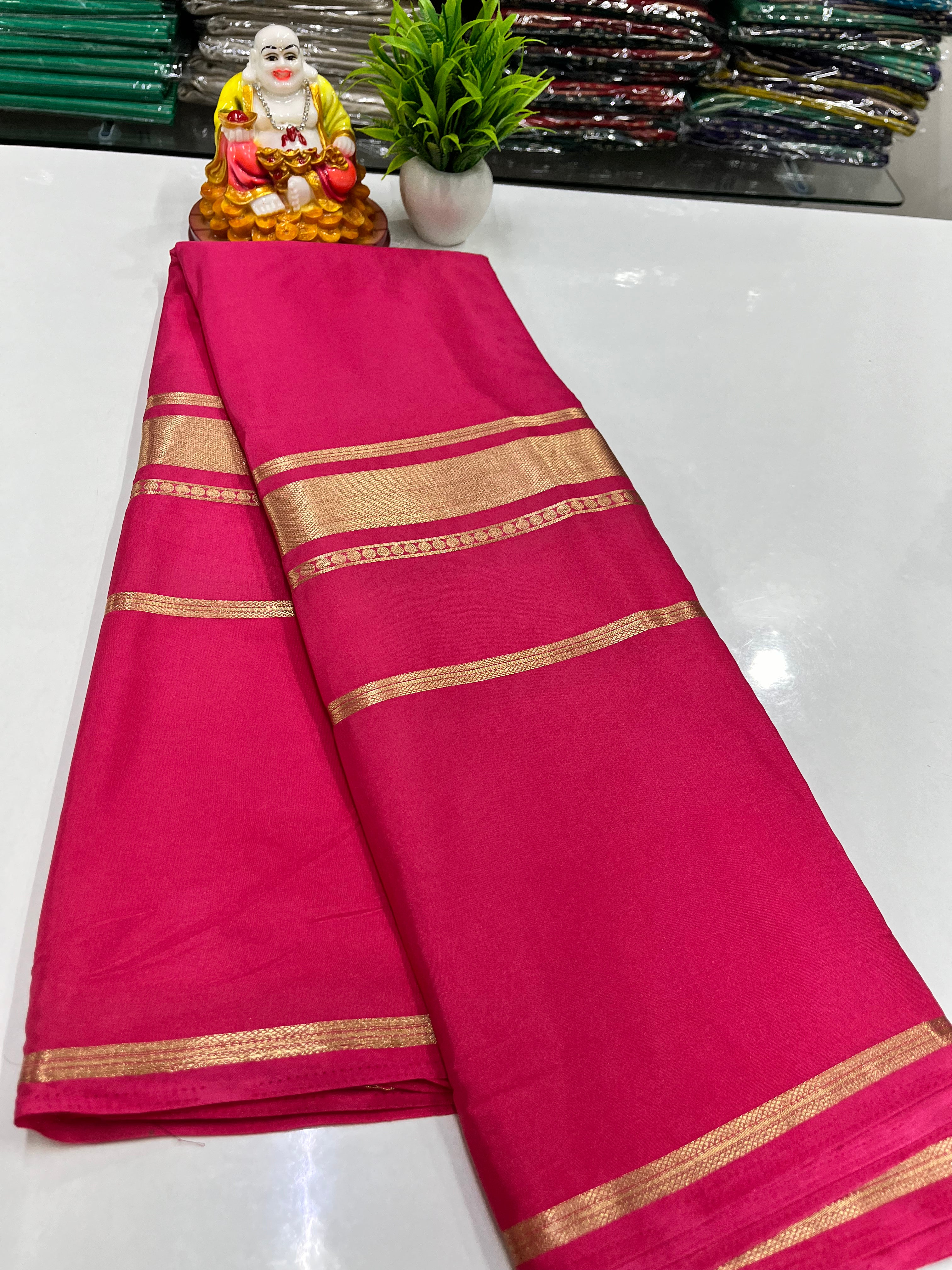 Premium Semi Mysore Crepe Silk Saree with Golden Zari Weaving – Padmavathi Silks and Sarees