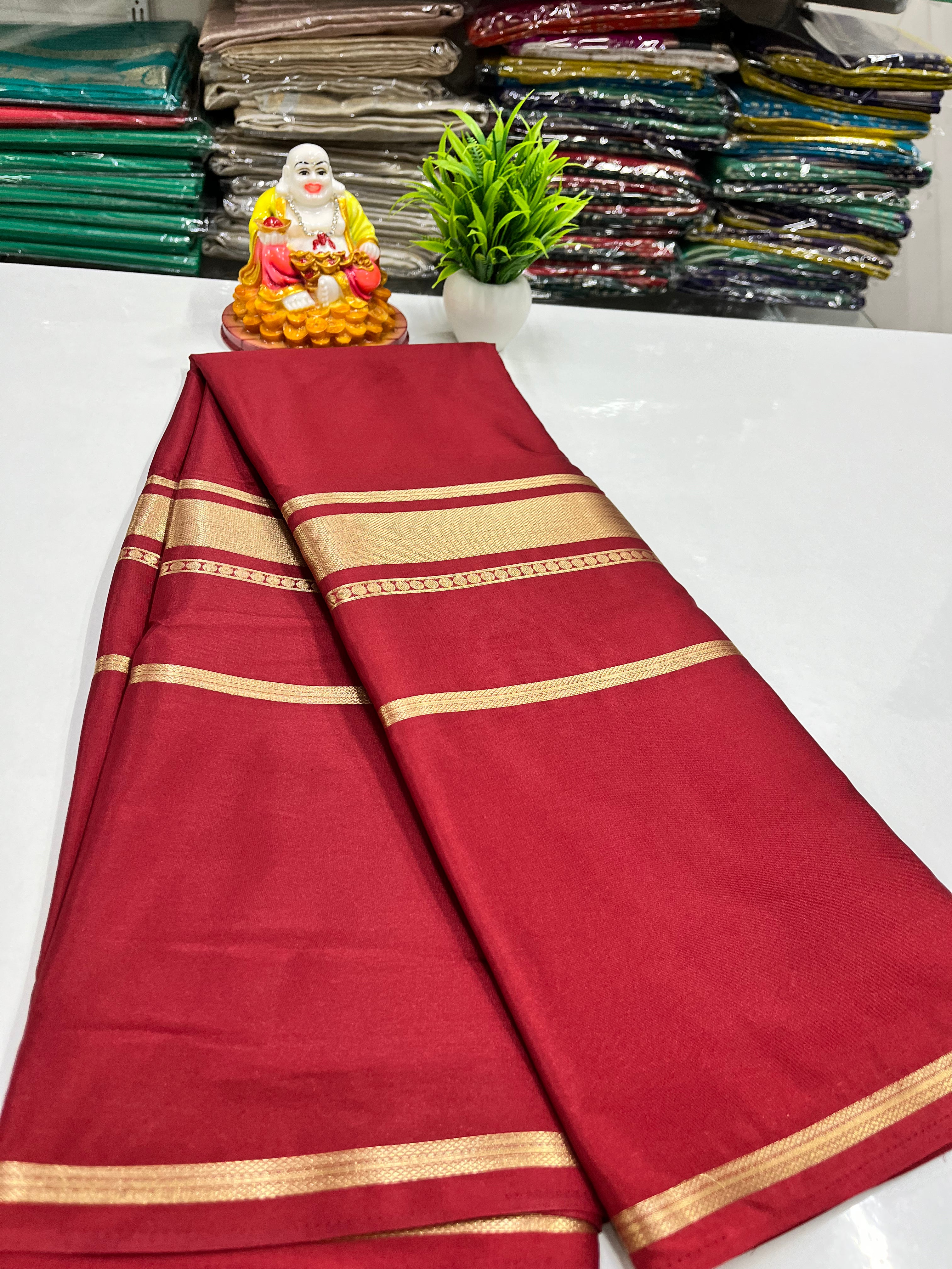 Premium Semi Mysore Crepe Silk Saree with Golden Zari Weaving – Padmavathi Silks and Sarees