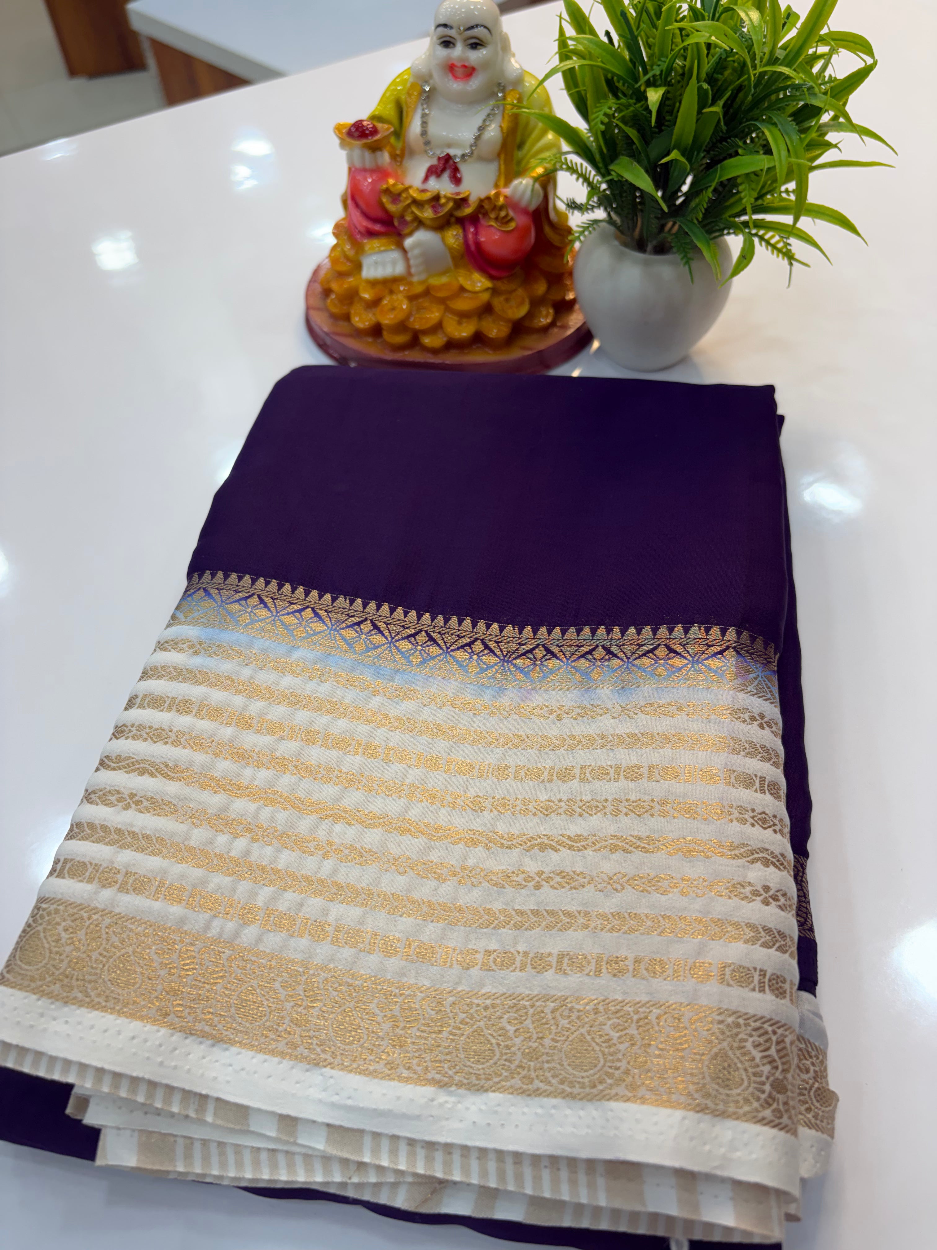 Mysore Crepe Silk Saree with Contrast Border &amp; Pallu