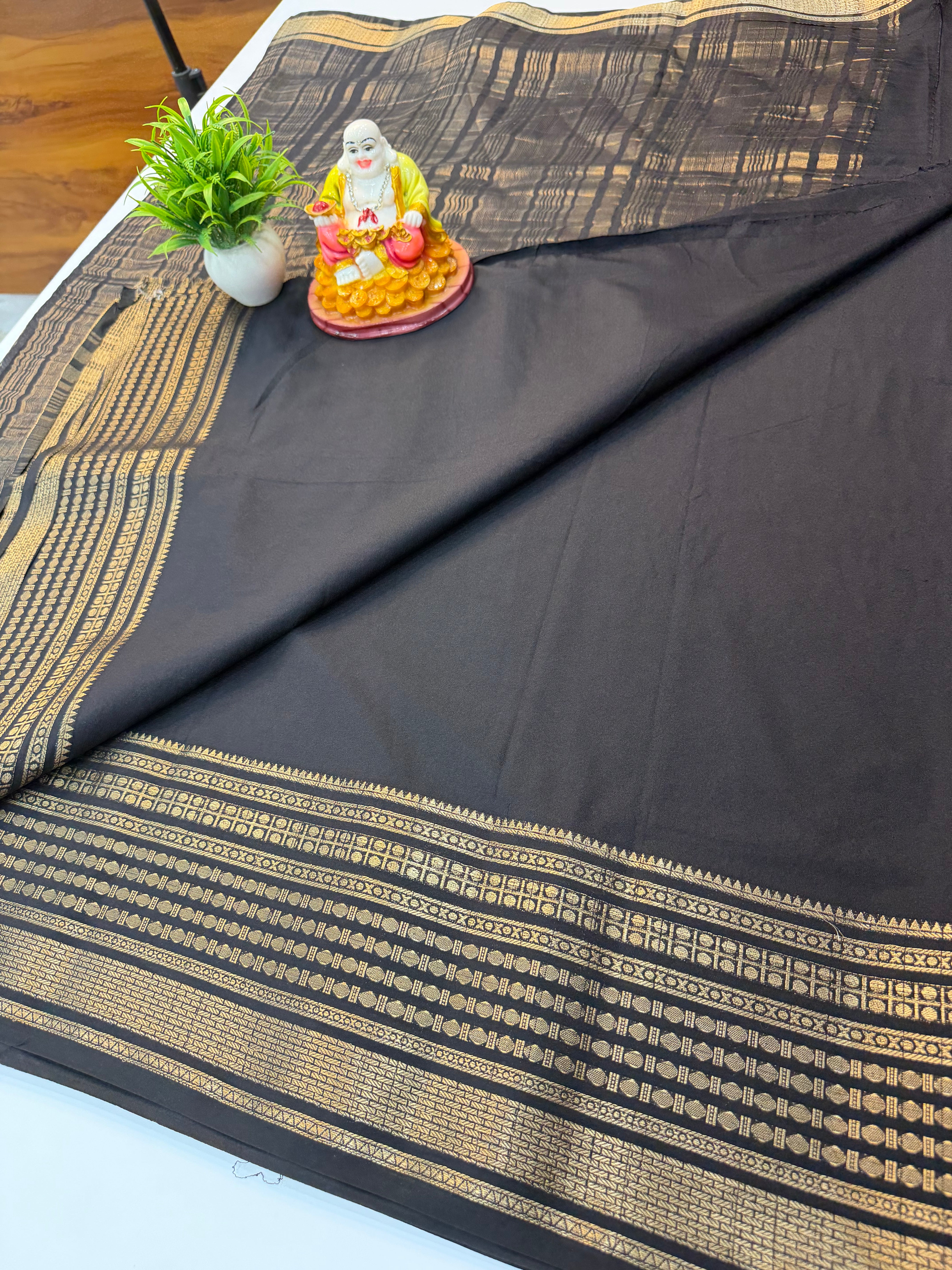 Mysore Crepe Silk Saree with Rudrakshi Border – Timeless Grace in Every Drape