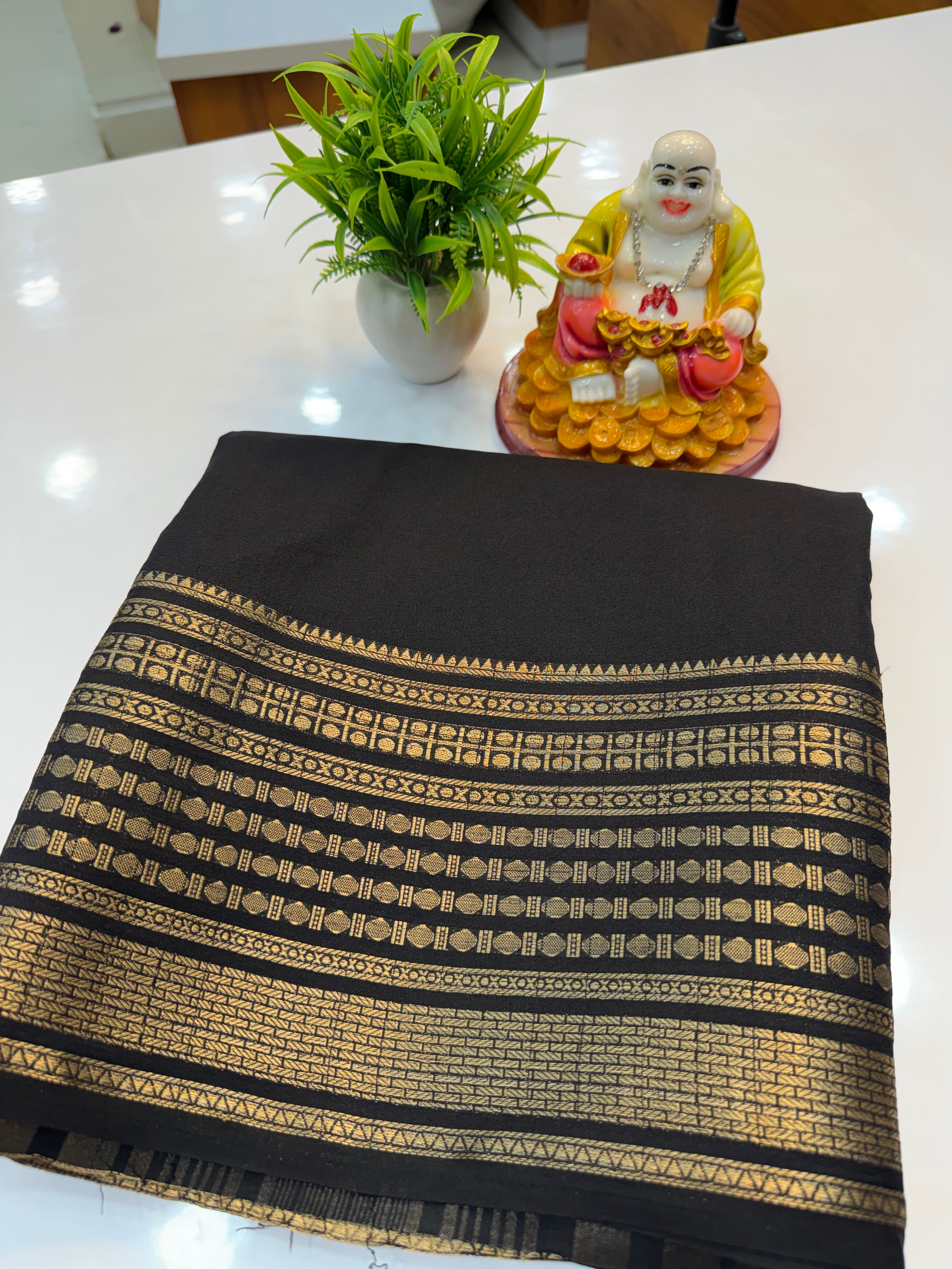 Mysore Crepe Silk Saree with Rudrakshi Border – Timeless Grace in Every Drape