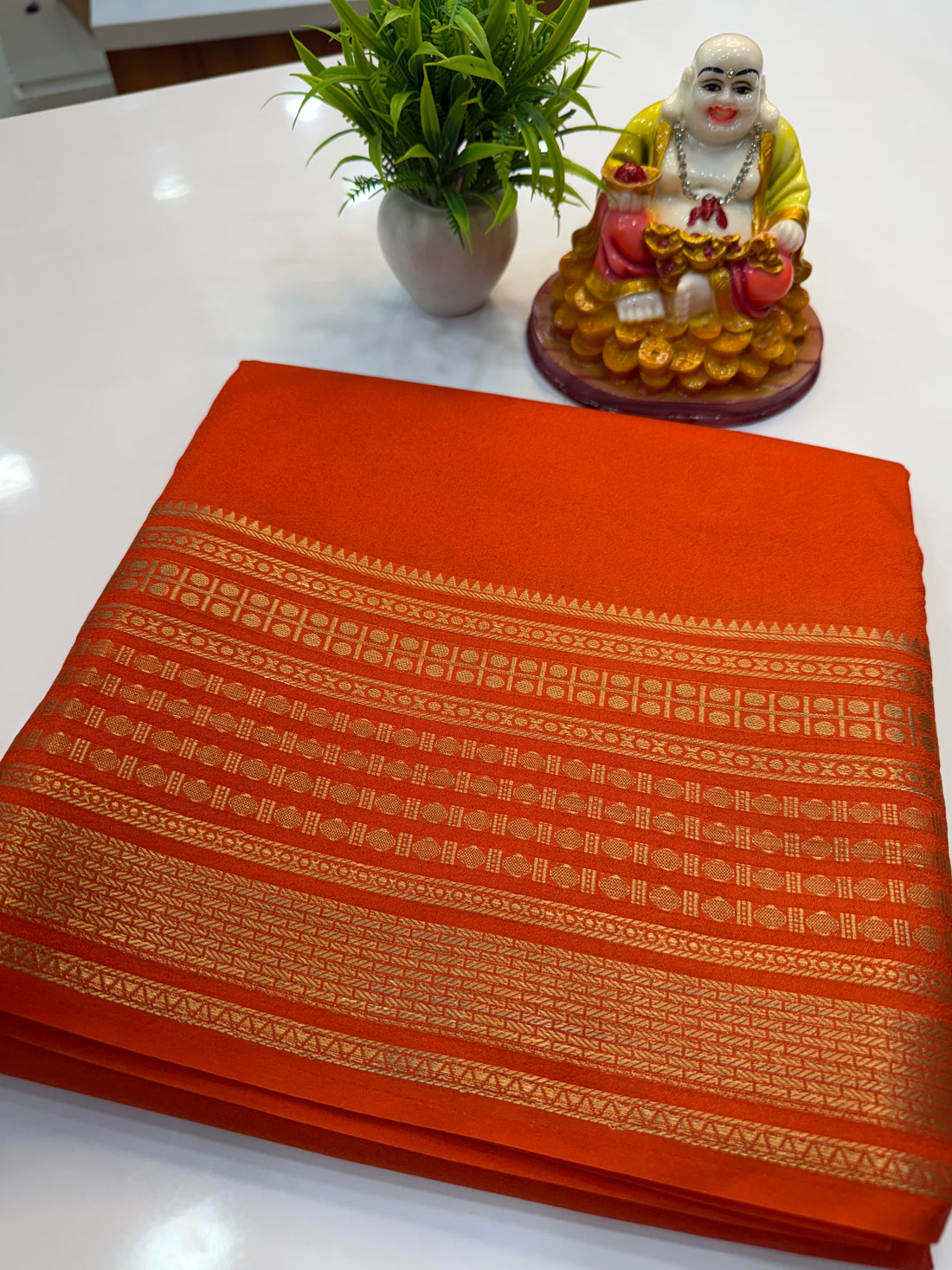 Mysore Crepe Silk Saree with Rudrakshi Border – Timeless Grace in Every Drape