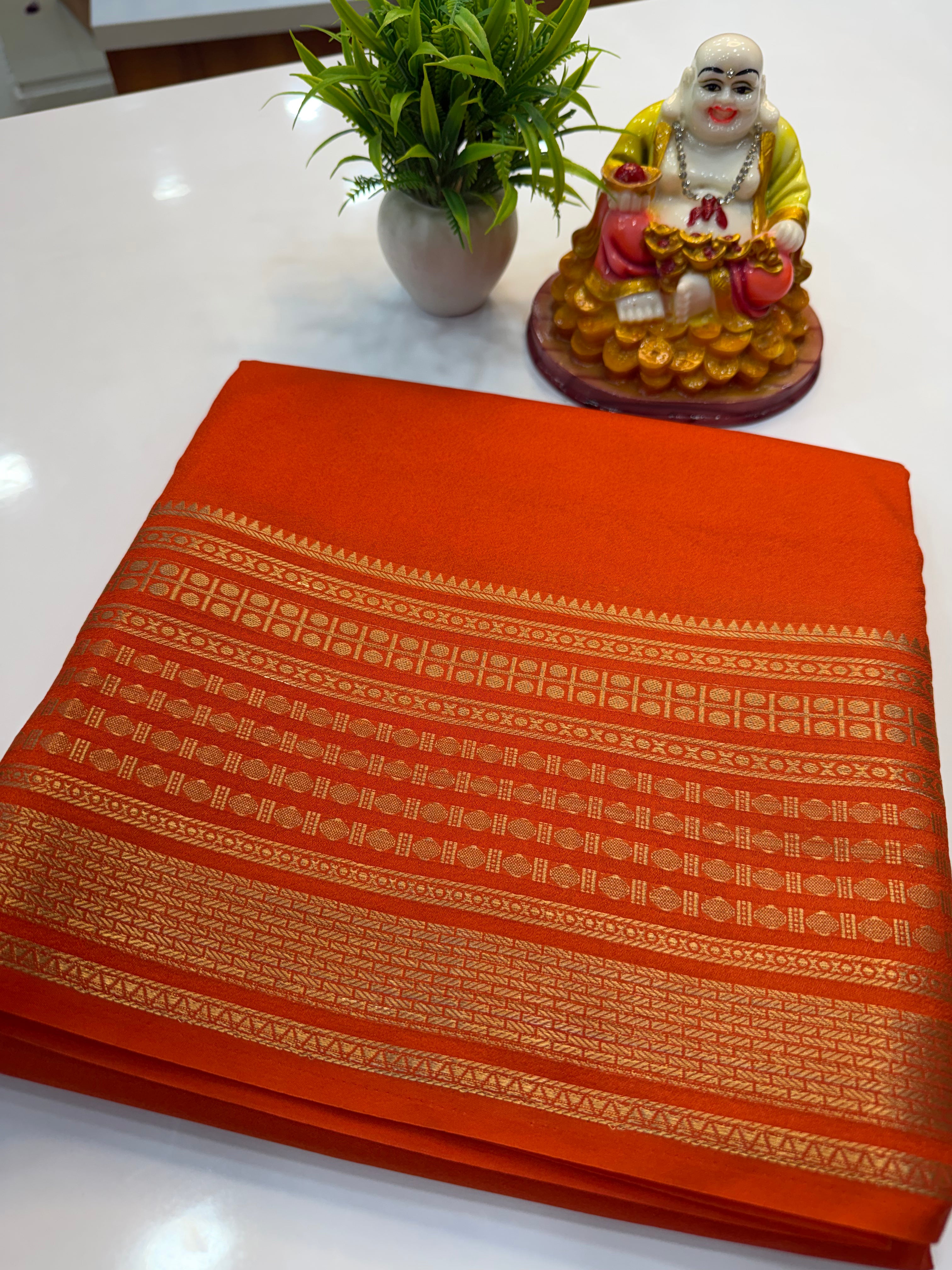 Mysore Crepe Silk Saree with Rudrakshi Border – Timeless Grace in Every Drape