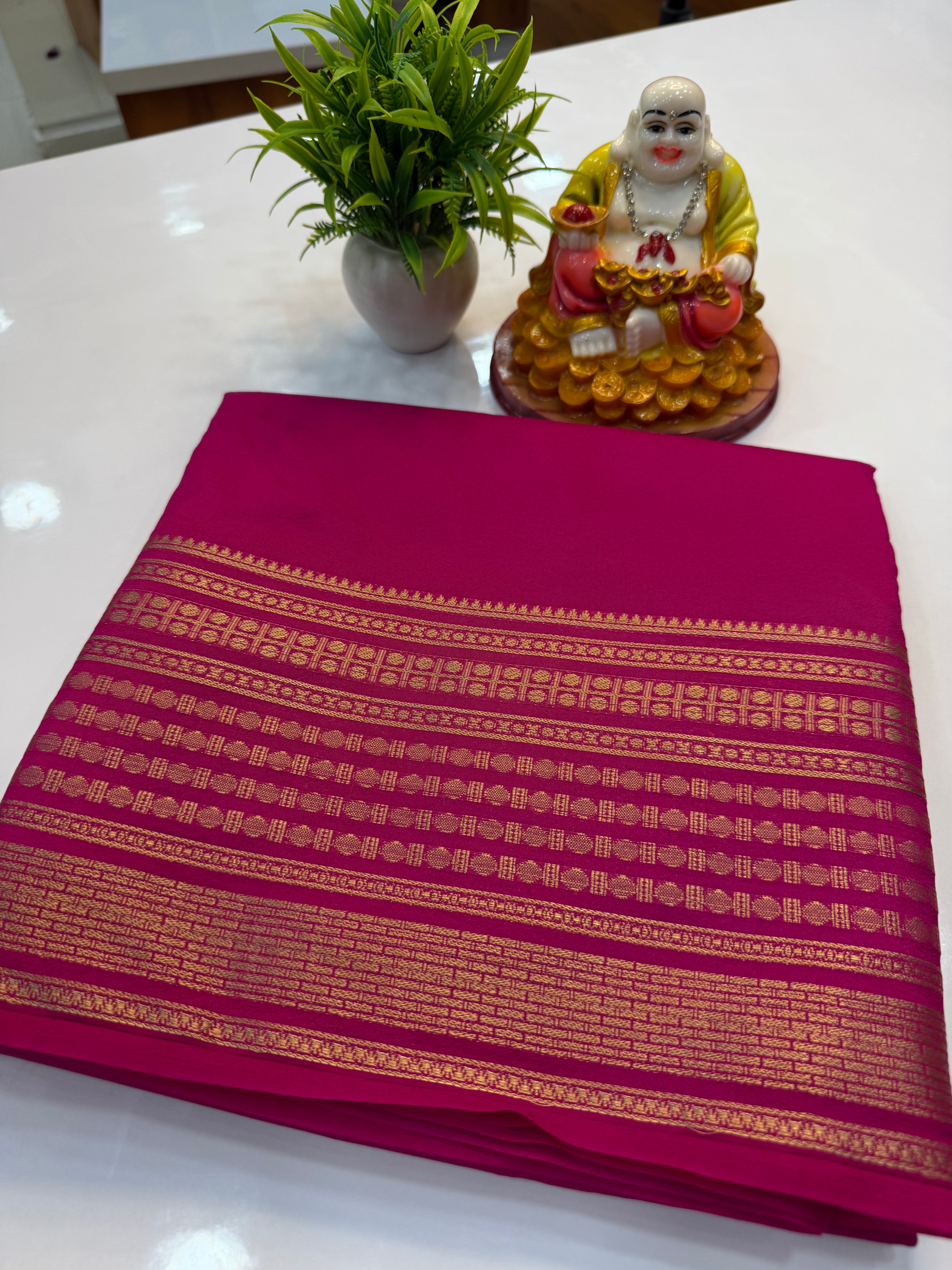 Mysore Crepe Silk Saree with Rudrakshi Border – Timeless Grace in Every Drape
